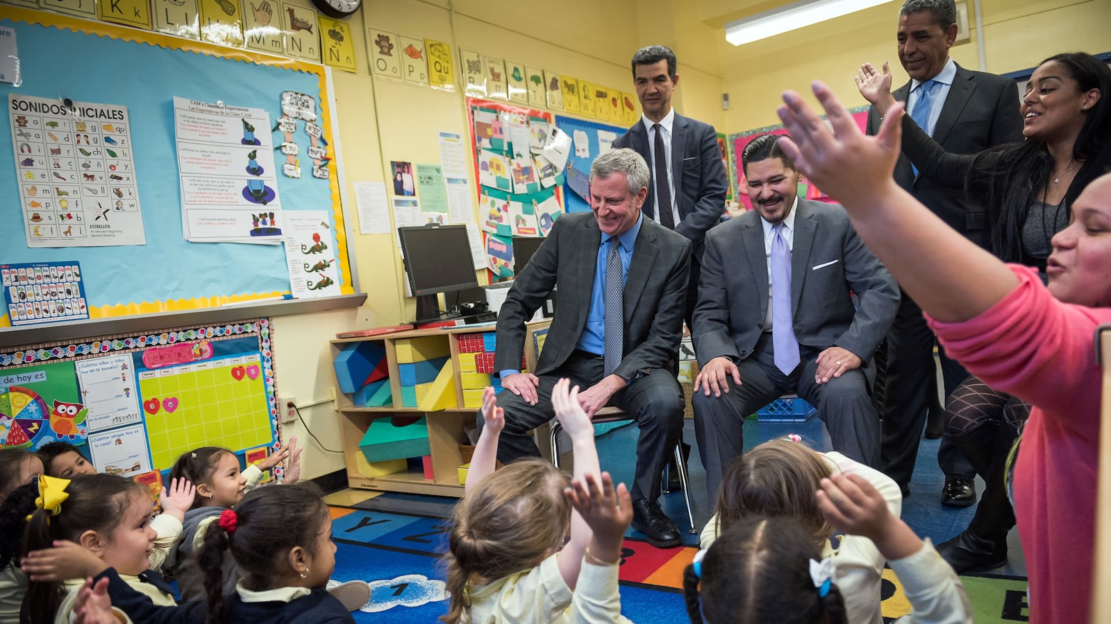 Mayor Bill de Blasio, left front, is widely expected to run for the White House and make pre-K a central selling point of his campaign.