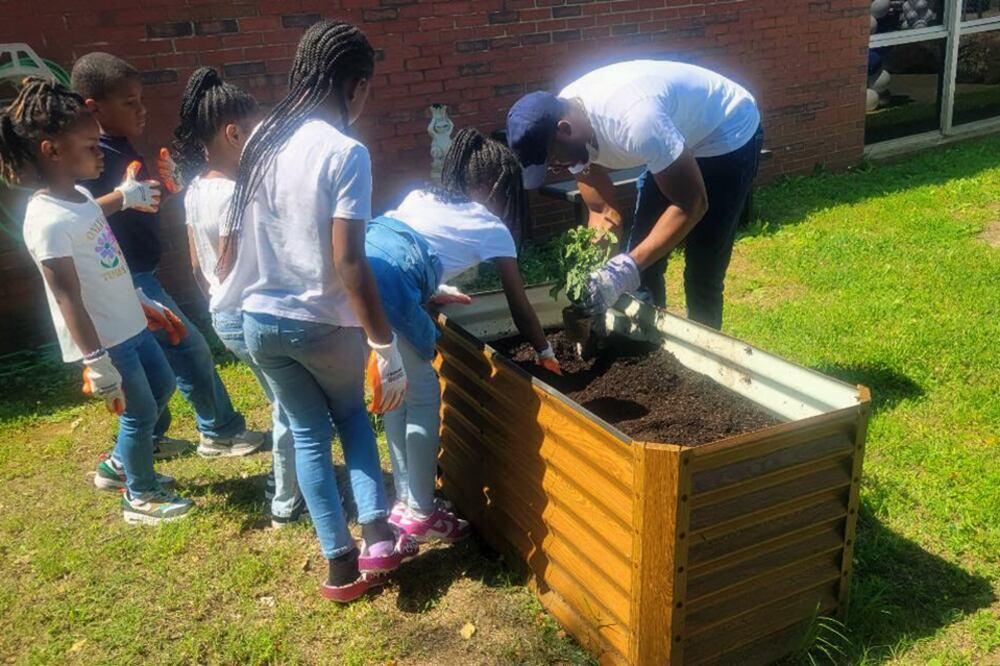 An adult and five young students work in a raised garden bed outside next to a brick wall.