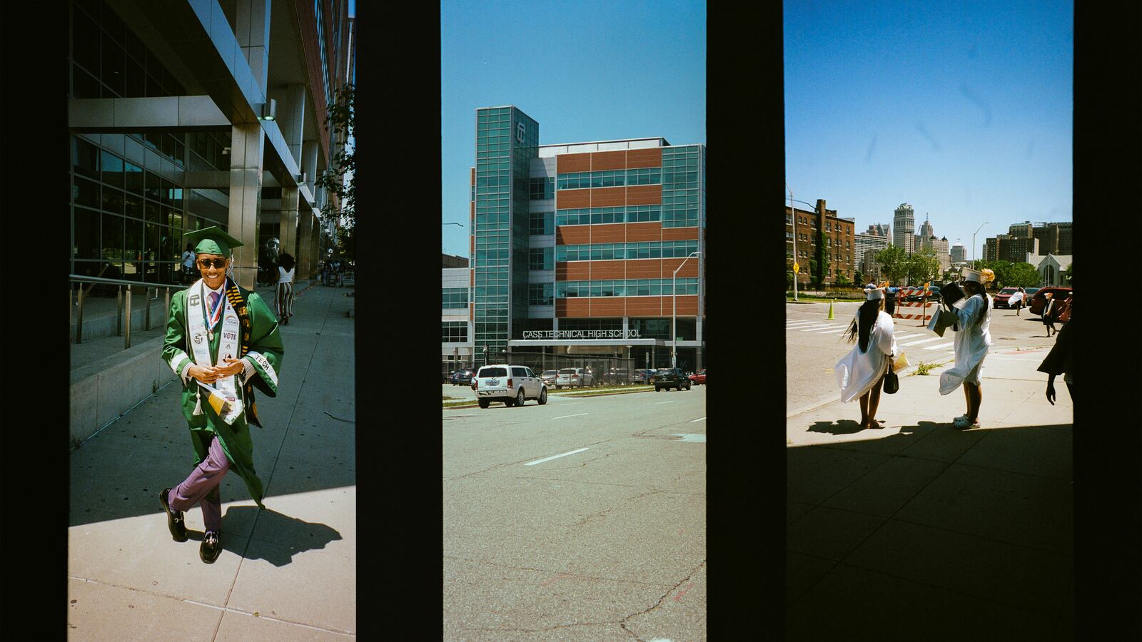(Left) A young man, the valedictorian of his class, stands in front of his high school wearing green graduation regalia with a large white sash. (Center) The facade of Cass Tech High School in Detroit, a large modern building with glass windows. (Right) Two young women in white graduation gowns walk down a street, next to a large shadow from a building.