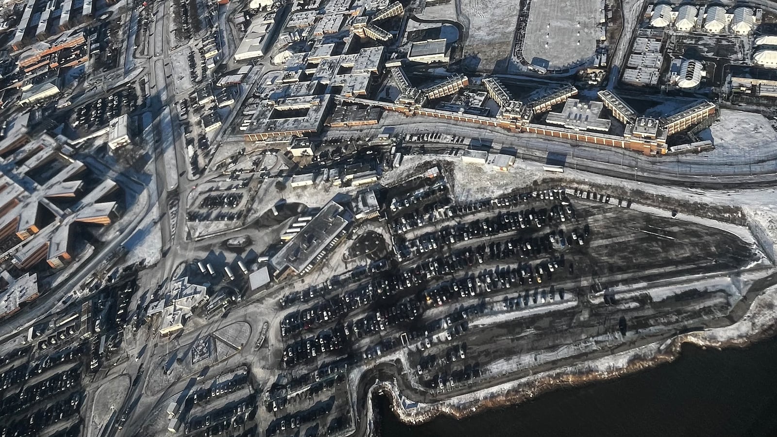 A view from an airplane of Rikers Island, New York City's jail complex.