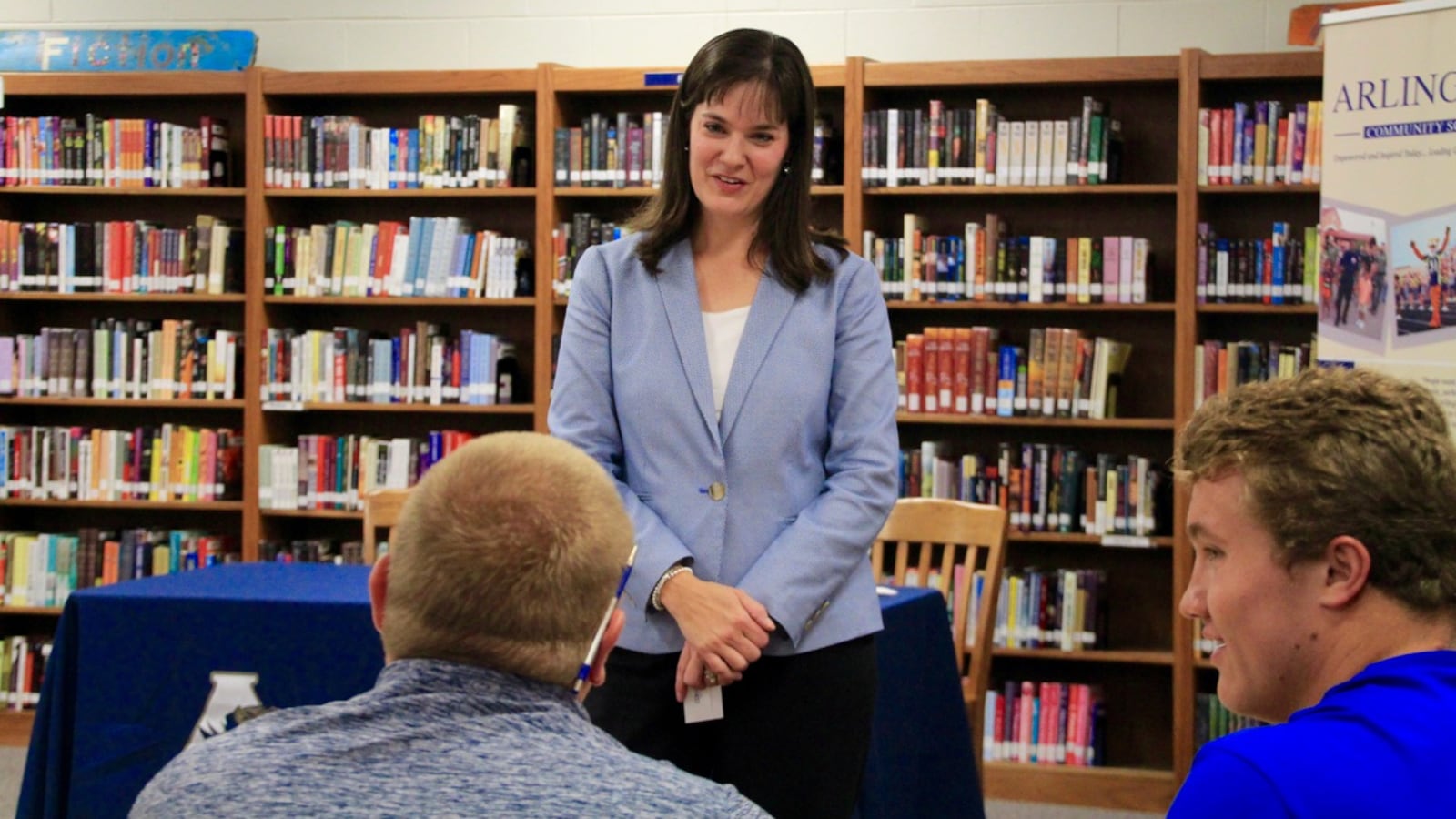 Education Commissioner Candice McQueen speaks with Arlington High School students during a school visit Tuesday that kicked off a statewide tour focused on student voices.