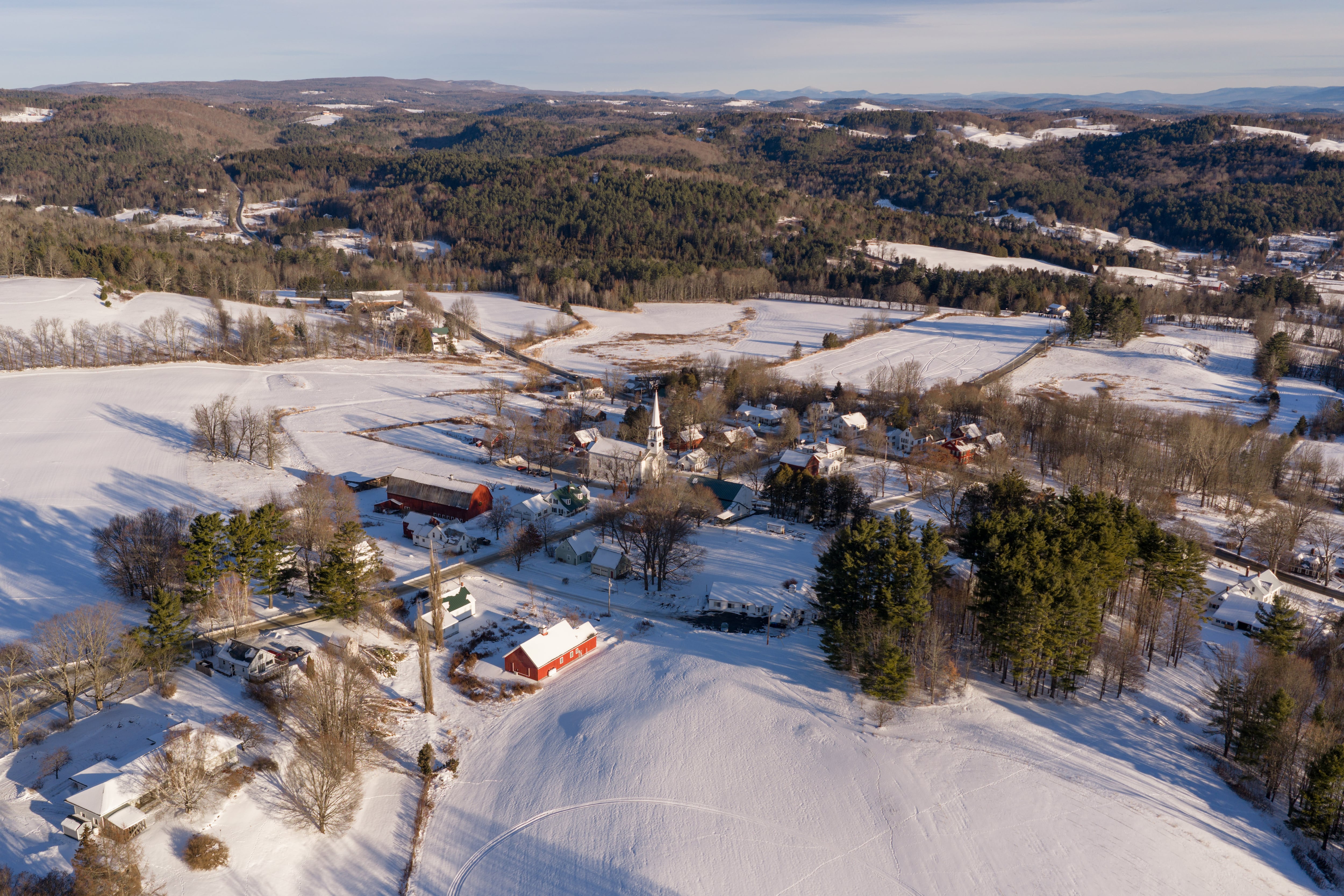 A snowy rural scene.