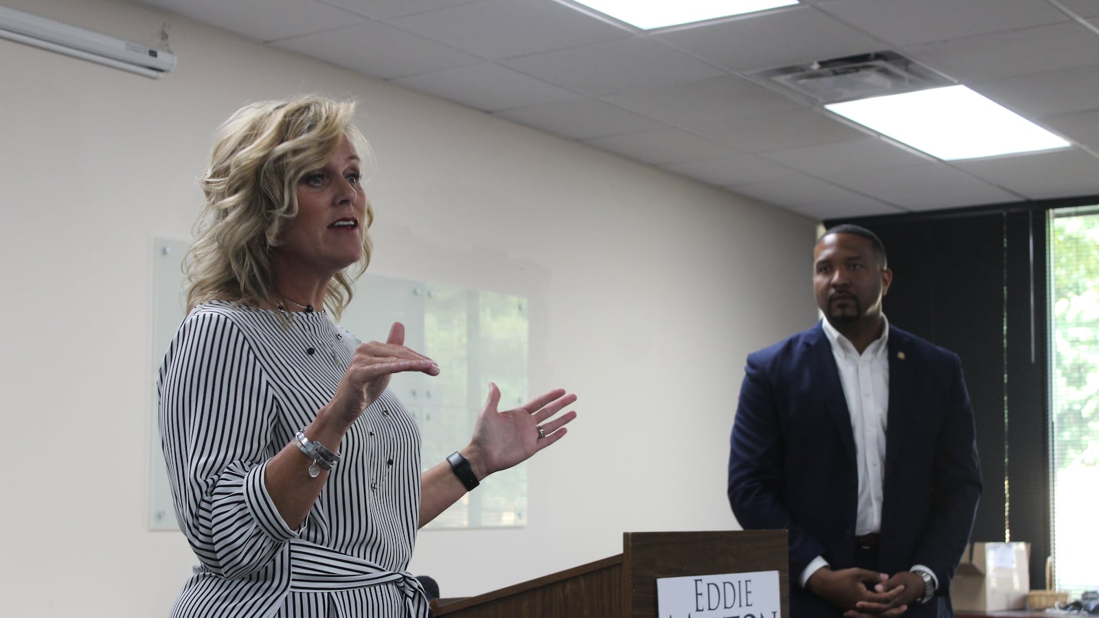 State Superintendent Jennifer McCormick speaks alongside State Senator Eddie Melton in July at their community conversation in Indianapolis.