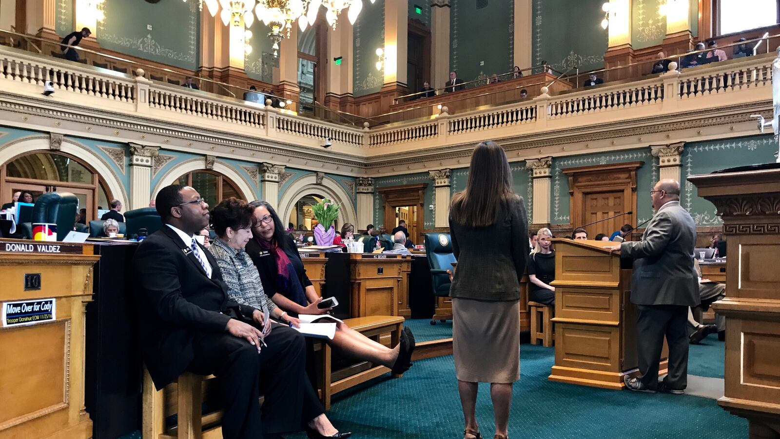 A group of House Democrats lined up Tuesday to speak out against a proposed charter school funding bill. (Photo by Nic Garcia/Chalkbeat)