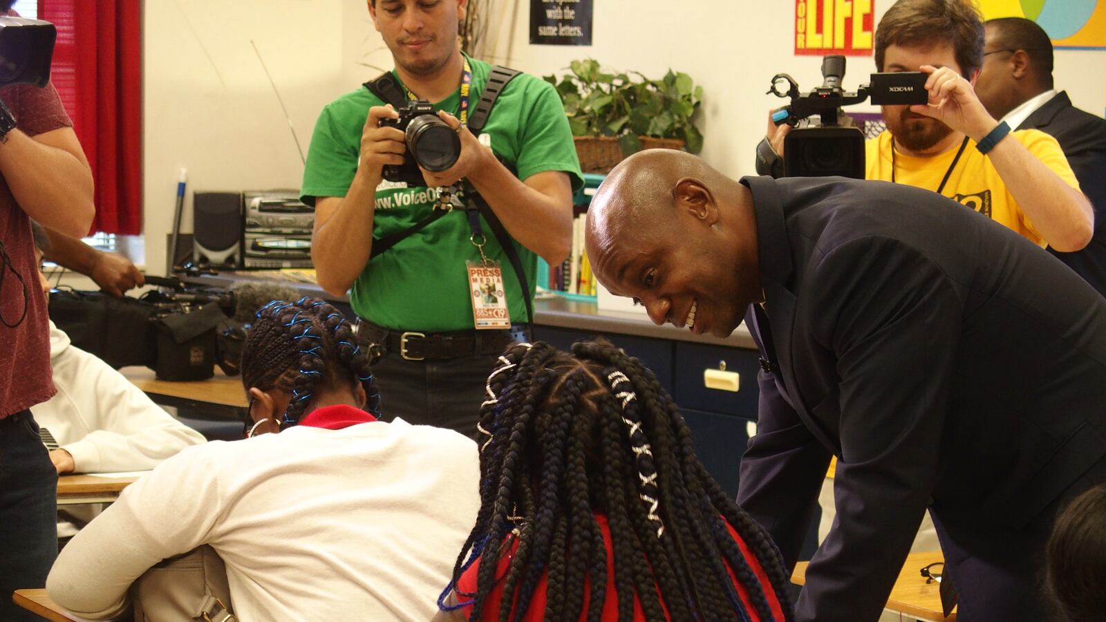 Superintendent Dorsey Hopson visits students at American Way Middle School on the first day of school.