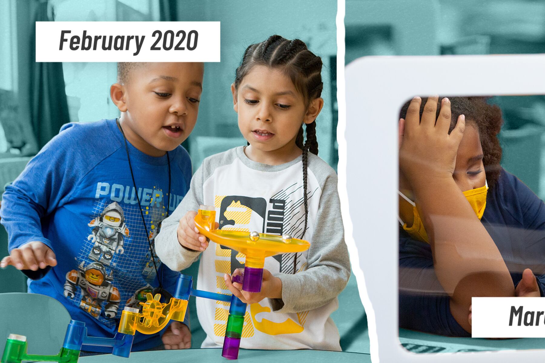 A split image. On the left, two young students playing with toys in a classroom labeled “February 2020.” On the right, a young student wearing a facemask appearing tired or frustrated labeled “March 2020.”