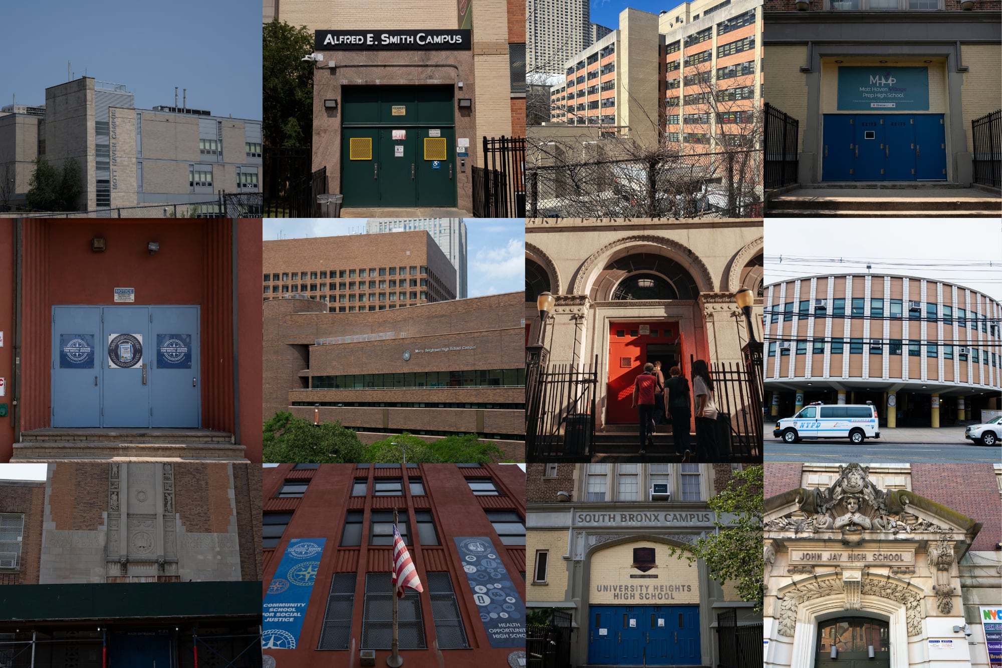 A 12 image collage of different New York City school buildings.