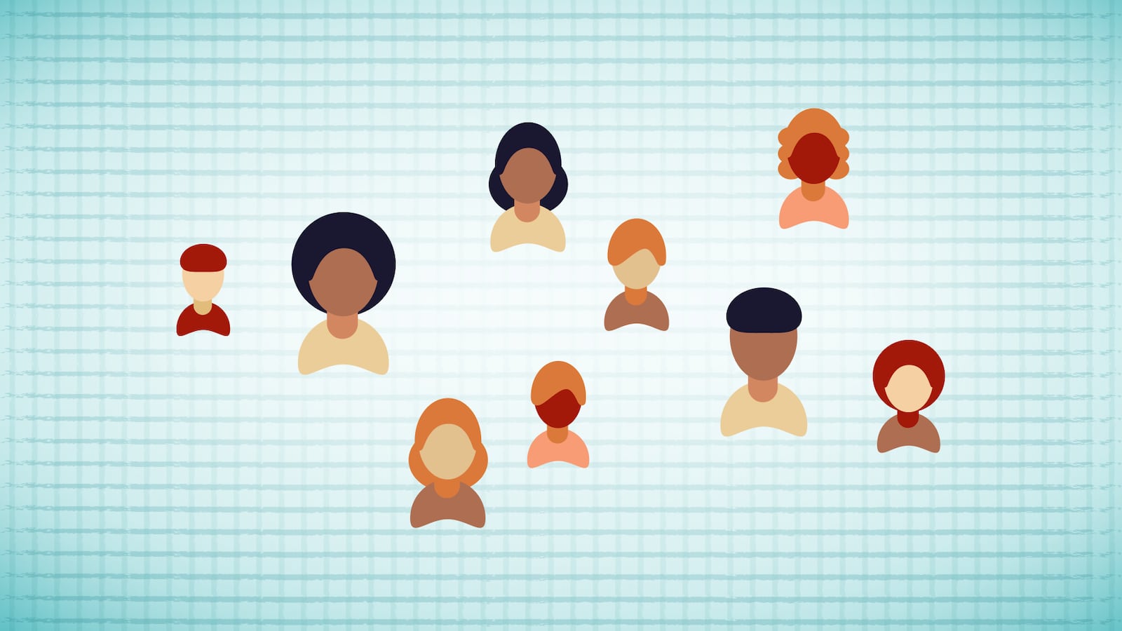 Illustration of people against a grid backdrop
