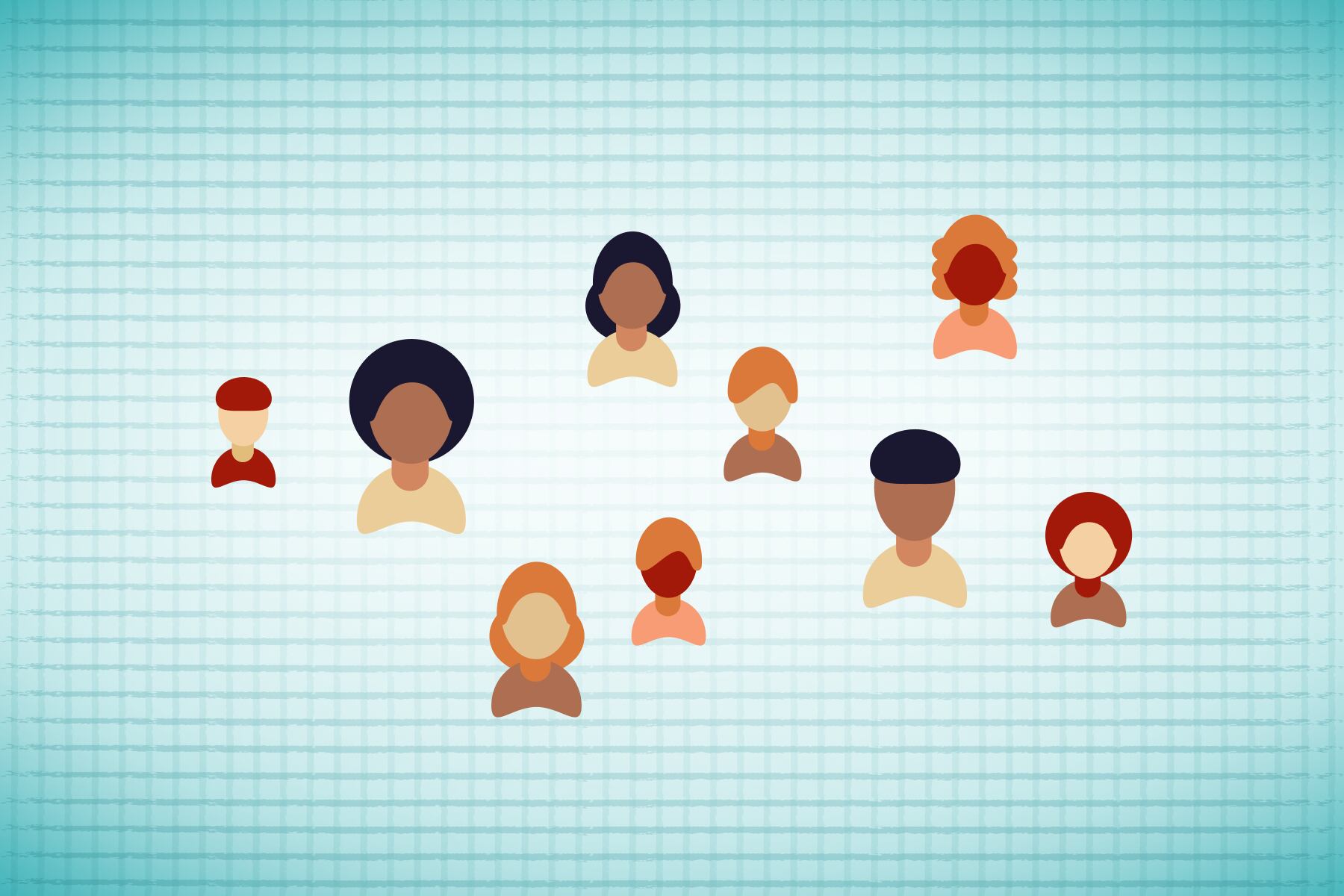 Illustration of people against a grid backdrop