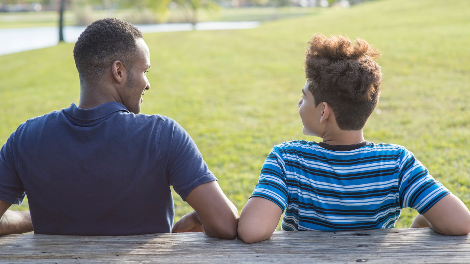 An adult man and a teenage boy, facing away from the camera, sit at a wooden table. A field is in front of them.