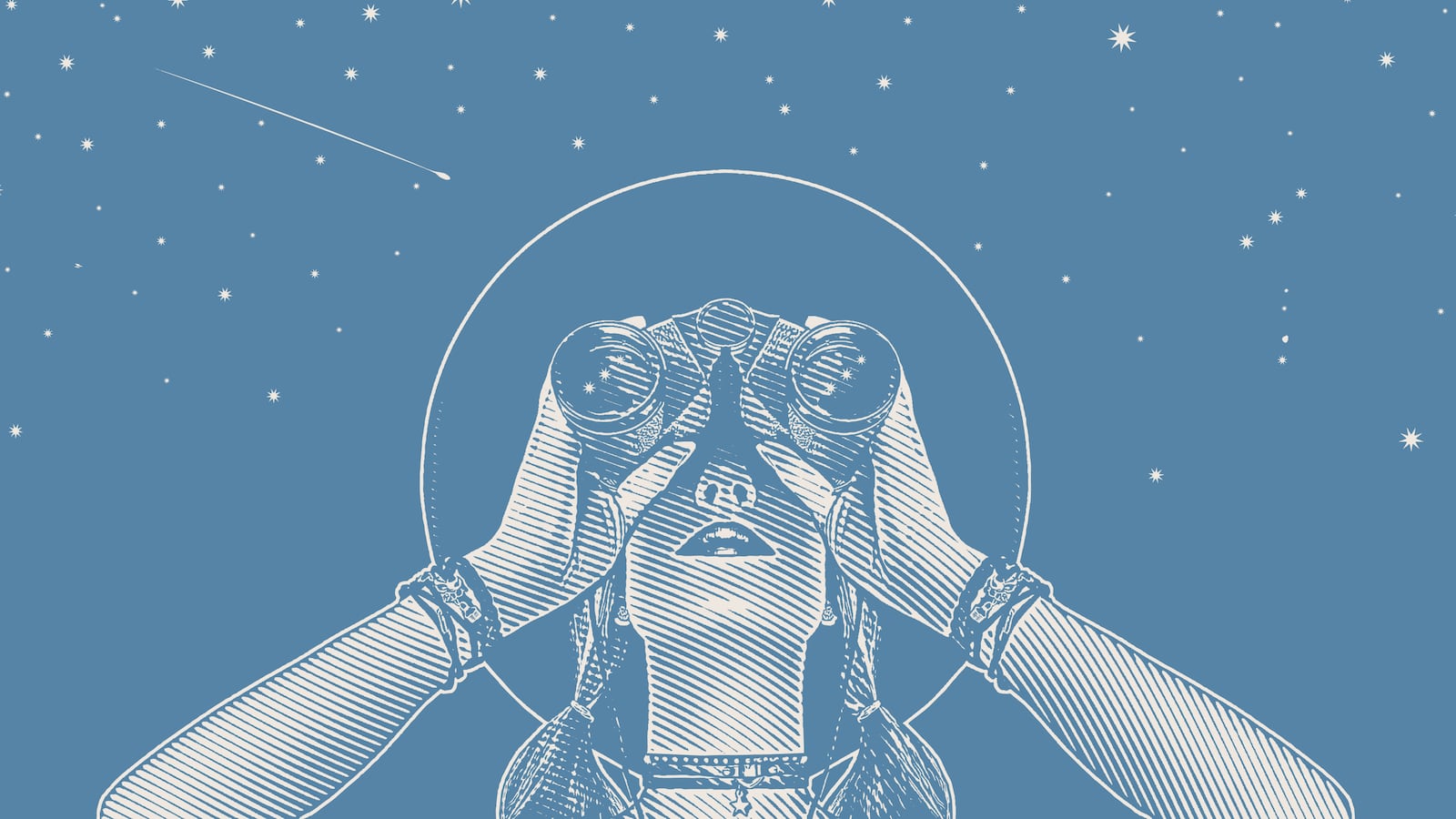 Artwork depicting a woman looking through binoculars at the night sky