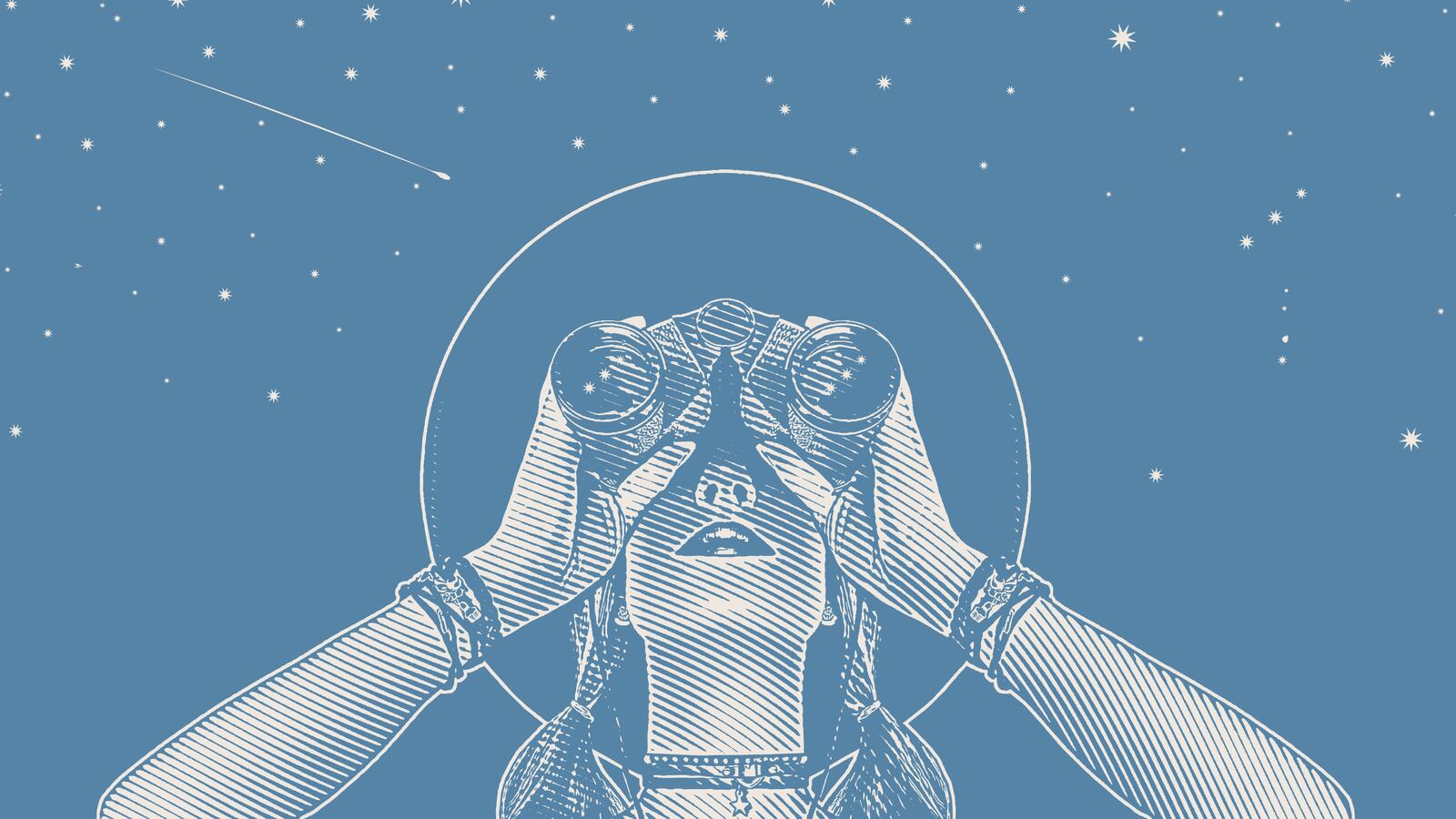 Artwork depicting a woman looking through binoculars at the night sky
