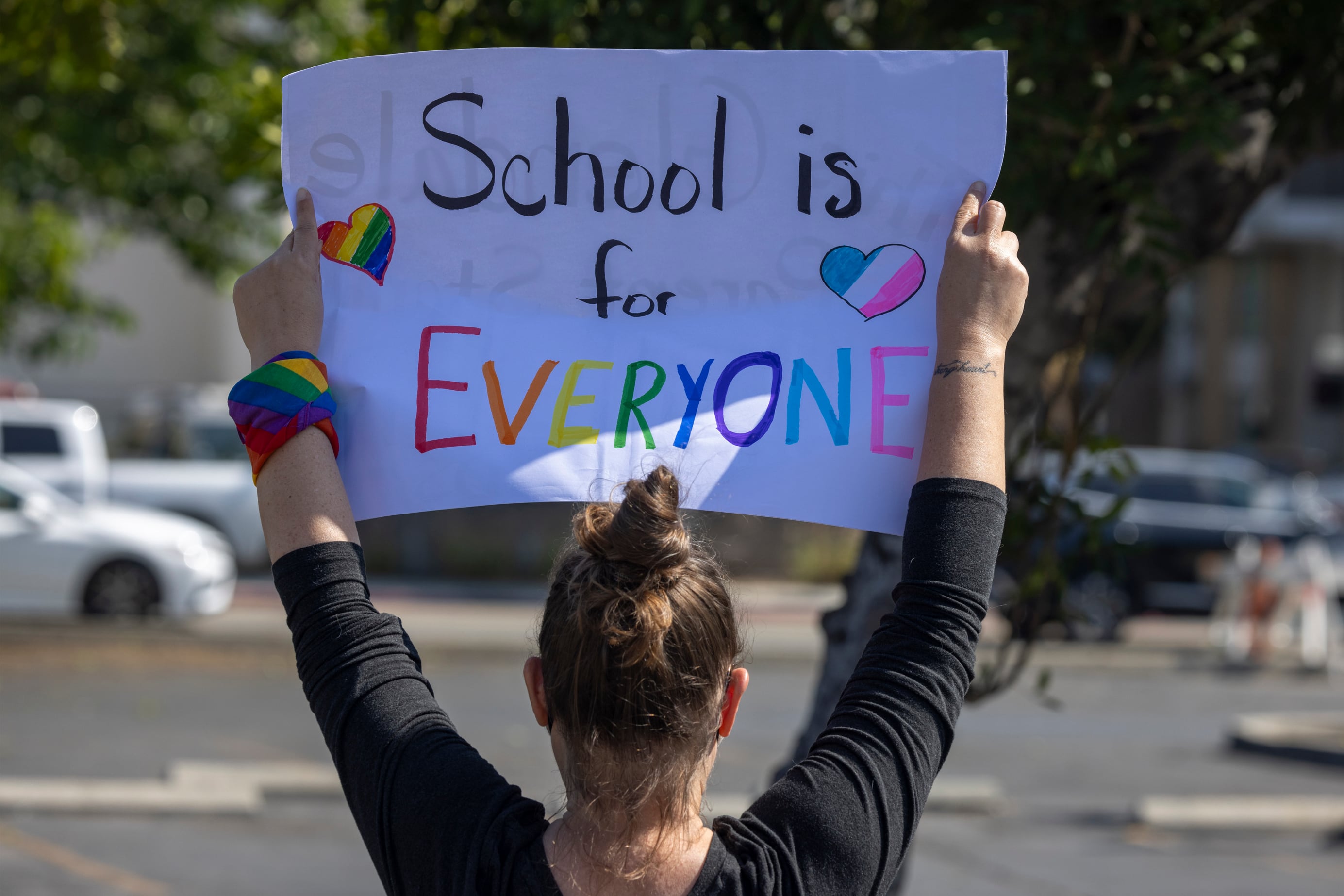 A photograph of the back of a demonstrator holding a sign that reads "School is for everyone," with the word "everyone" in rainbow colors.