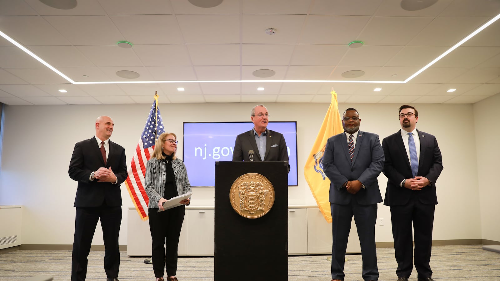 Gov. Phil Murphy with state officials at a press conference on the coronavirus in January. Murphy gave another briefing on Monday.
