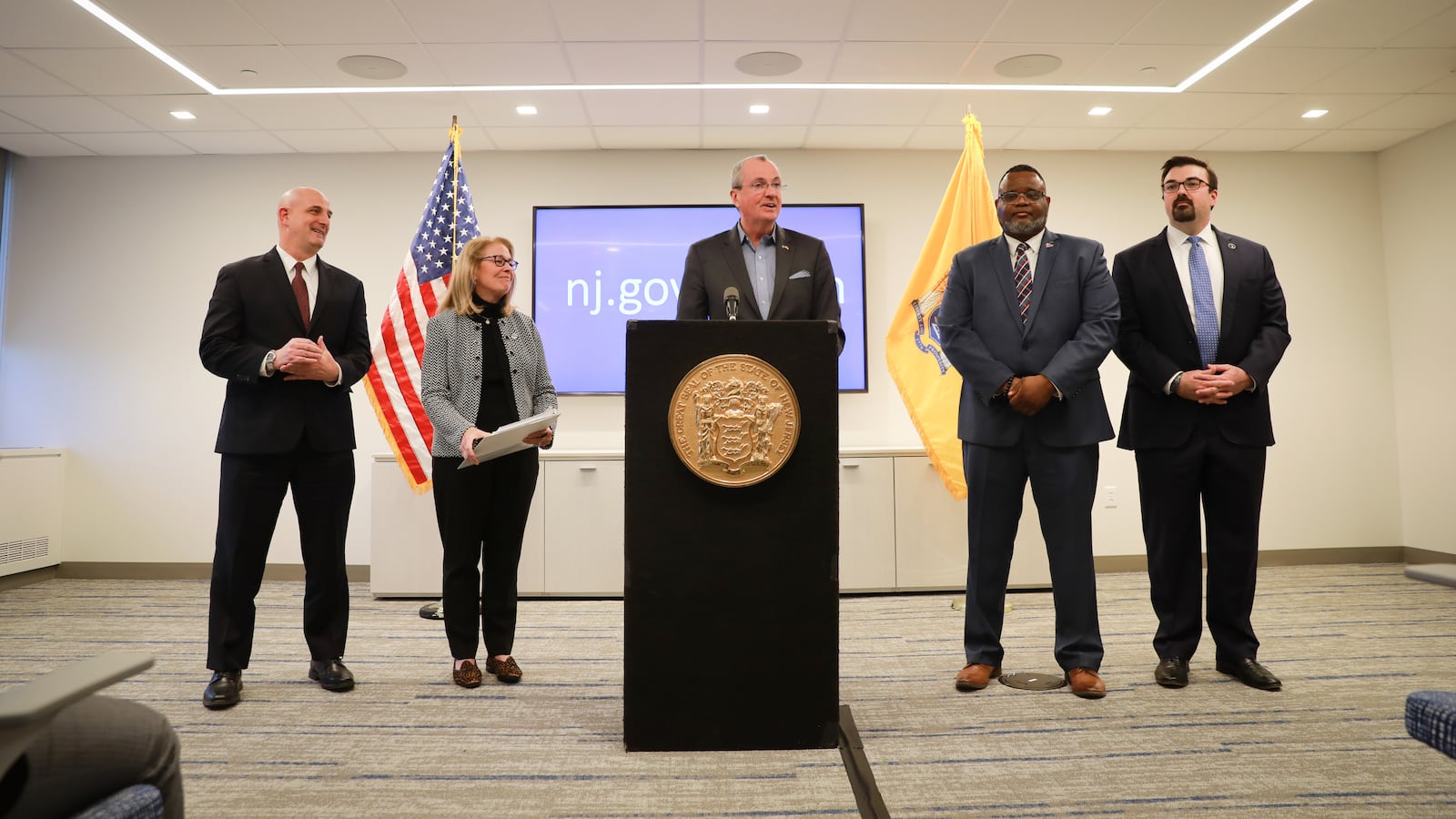 Gov. Phil Murphy with state officials at a press conference on the coronavirus in January. Murphy gave another briefing on Monday.