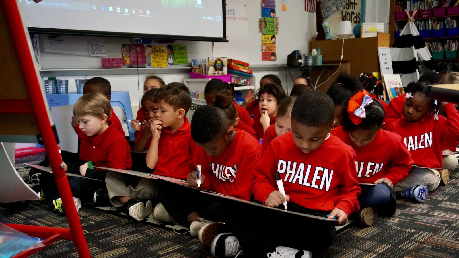 First graders at School 93 learn about the silent e. The school is run by the Phalen Leadership Academies charter network, but it is still considered part of  Indianapolis Public Schools. January 9, 2019.