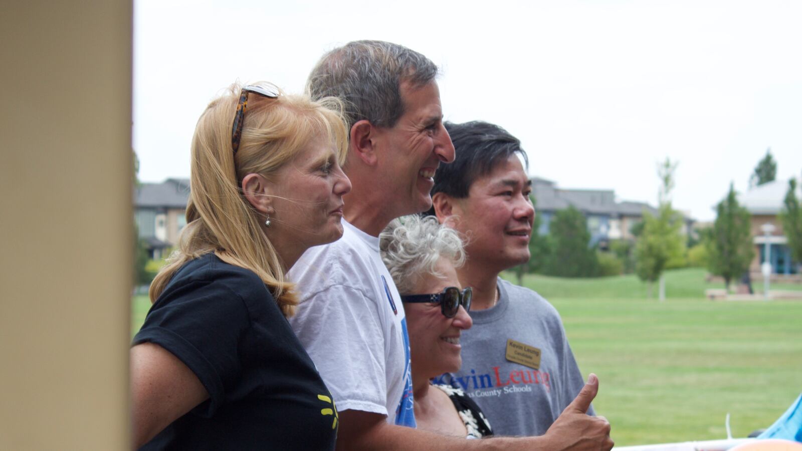 The nation's second largest teachers union is spending $300,000 to support a slate of candidates running for the Douglas County school board. Those candidates posed for pictures at their campaign kick-off event are from left, Krista Holtzmann, Anthony Graziano, Chris Schor, and Kevin Leung. (Photo by Nic Garcia/Chalkbeat)