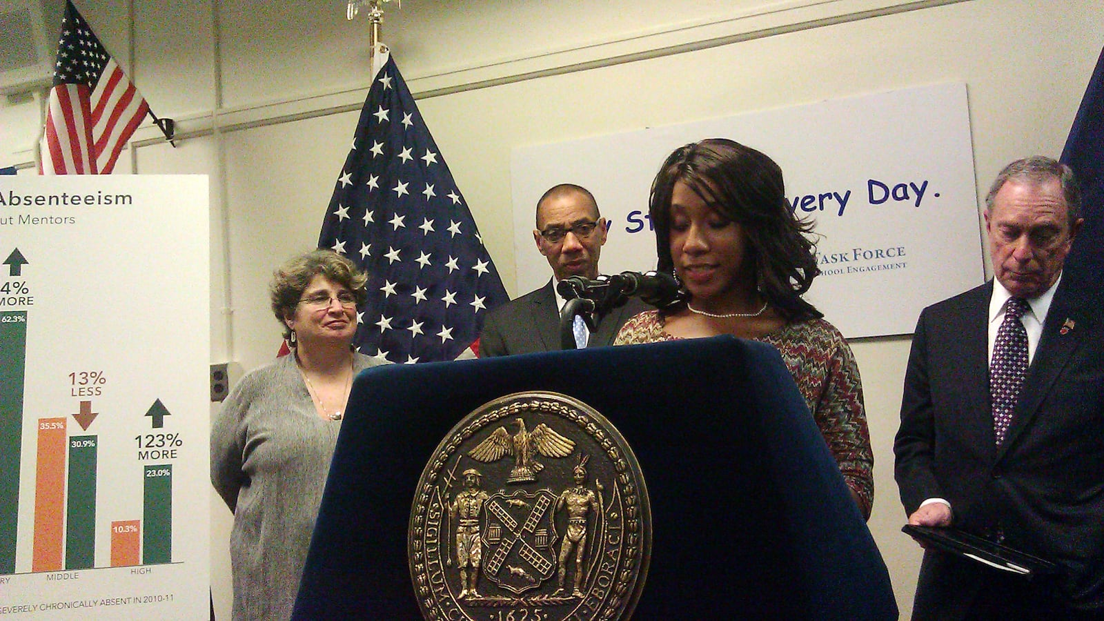 Jean Robinson, then a senior at the High School for Teaching and the Professions, spoke at a press conference touting the city's absenteeism initiative in 2011.