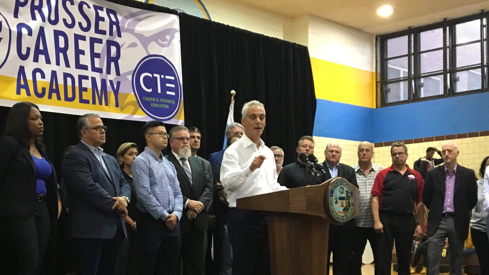 Chicago Mayor Rahm Emanuel visits Prosser Career Academy Thursday, Sept. 6, 2018, to announce a $12 million investment in vocational education.