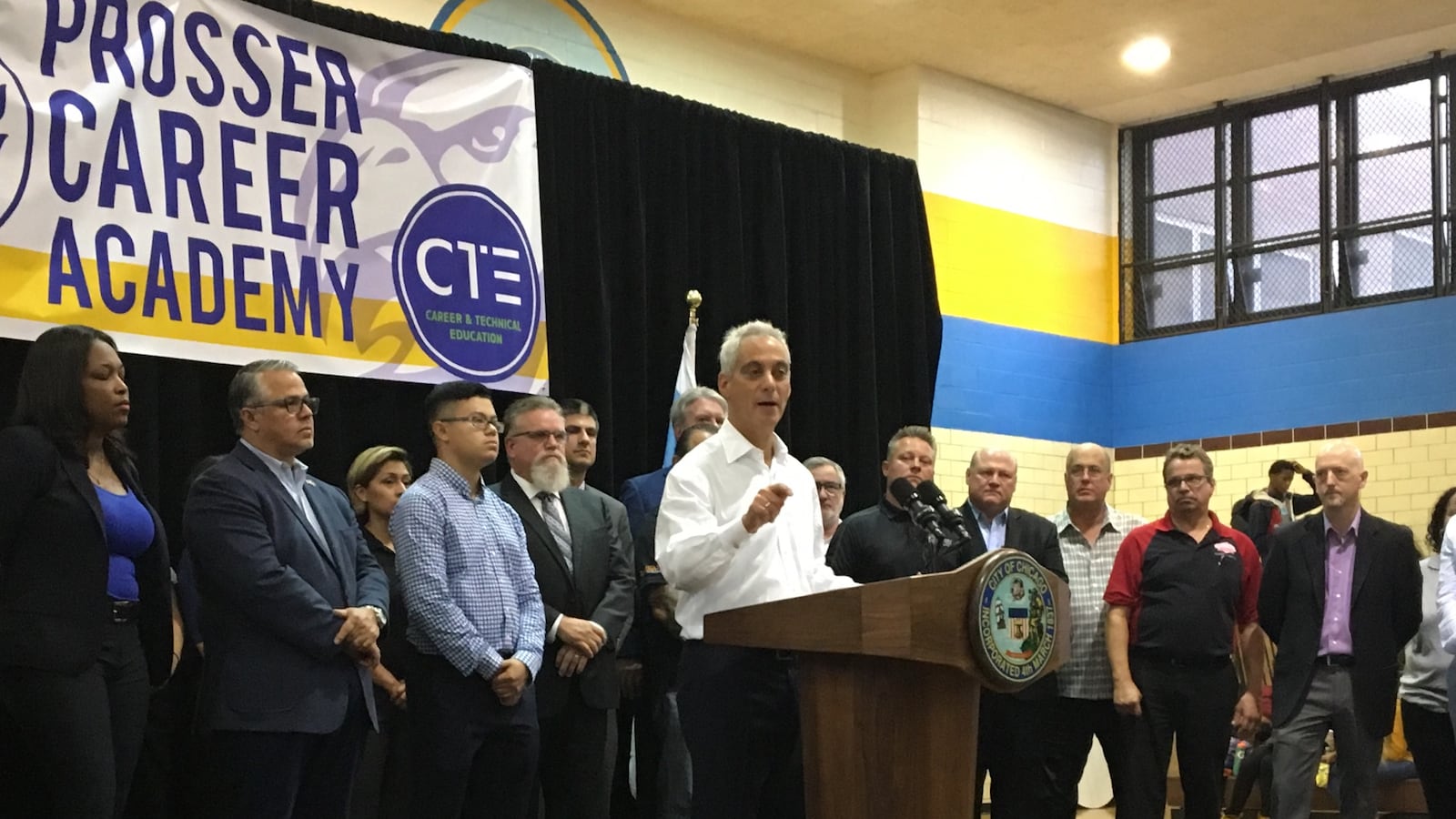 Chicago Mayor Rahm Emanuel visits Prosser Career Academy Thursday, Sept. 6, 2018, to announce a $12 million investment in vocational education.