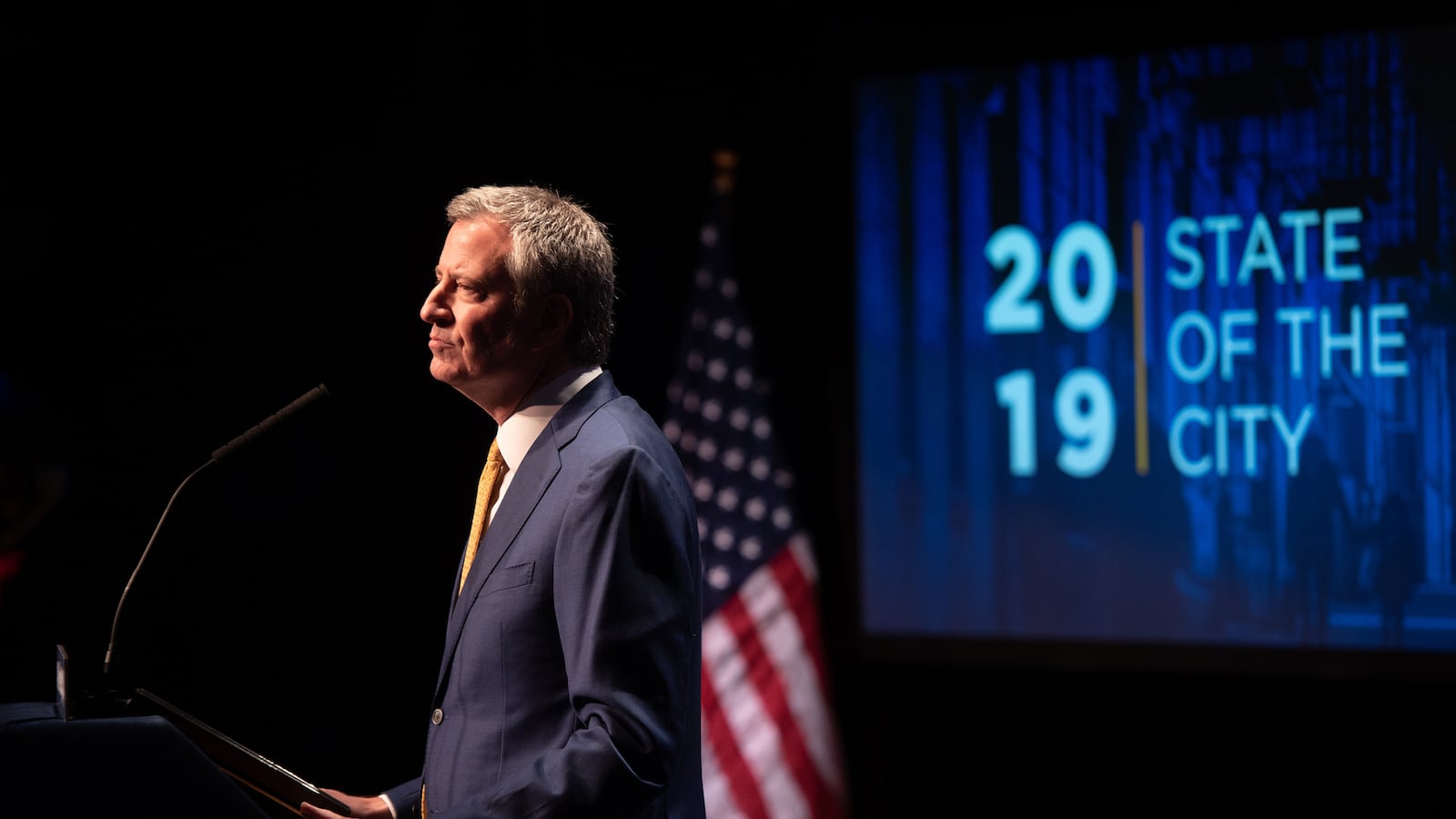 Mayor Bill de Blasio delivers his sixth State of the City address at the Symphony Space in Manhattan on Thursday