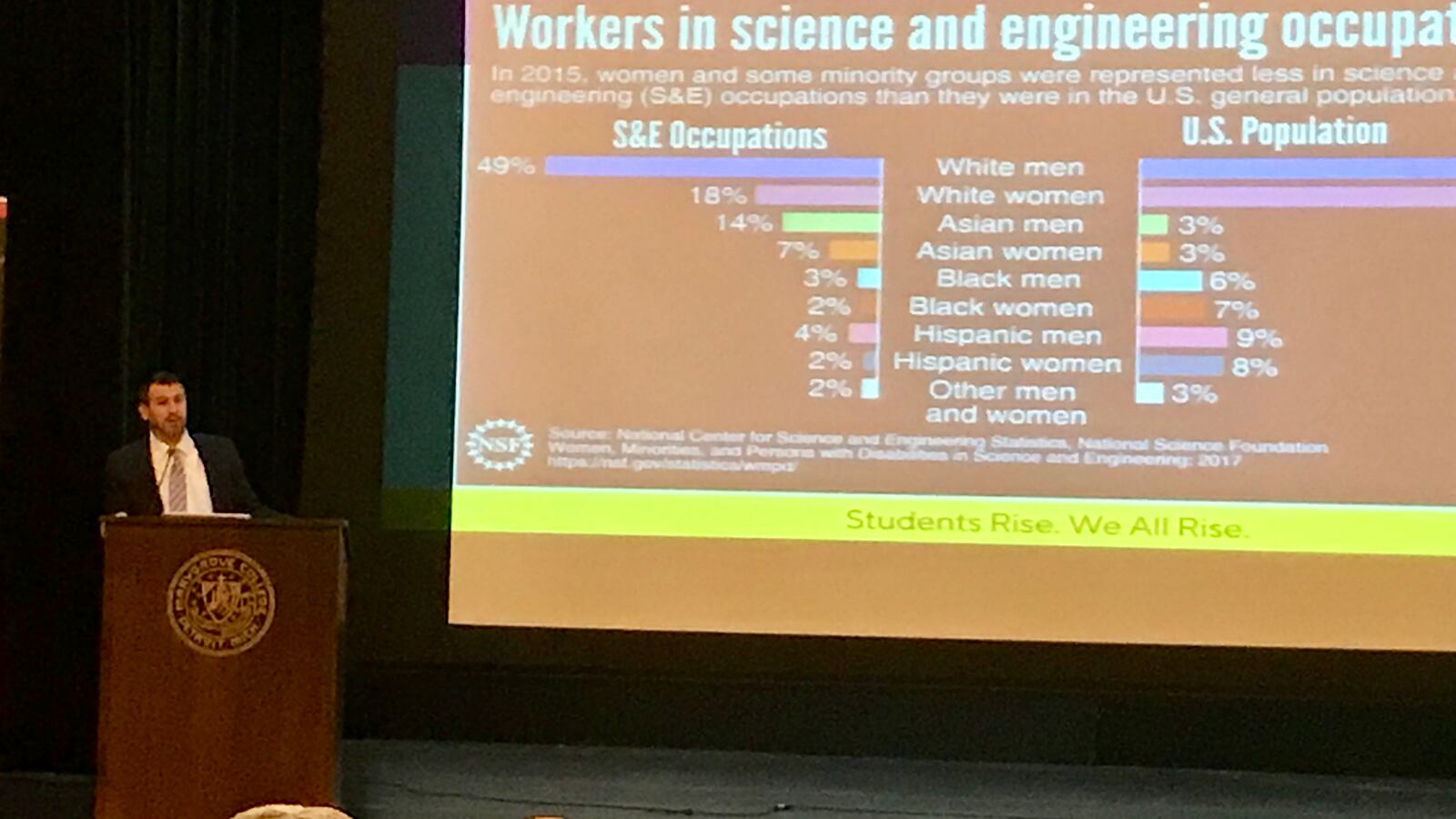 Nir Saar, principal of the new high school that opens this year on the Marygrove College campus, discusses the need for more women and minorities in science and engineering jobs during a December meeting.