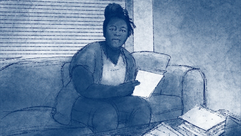 A blue and white illustration showing a woman holding a piece of paper sitting on a couch. A window with curtains in the background.