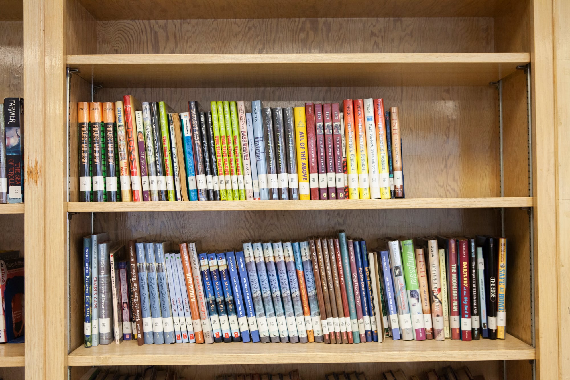 Wooden bookshelf full of books.