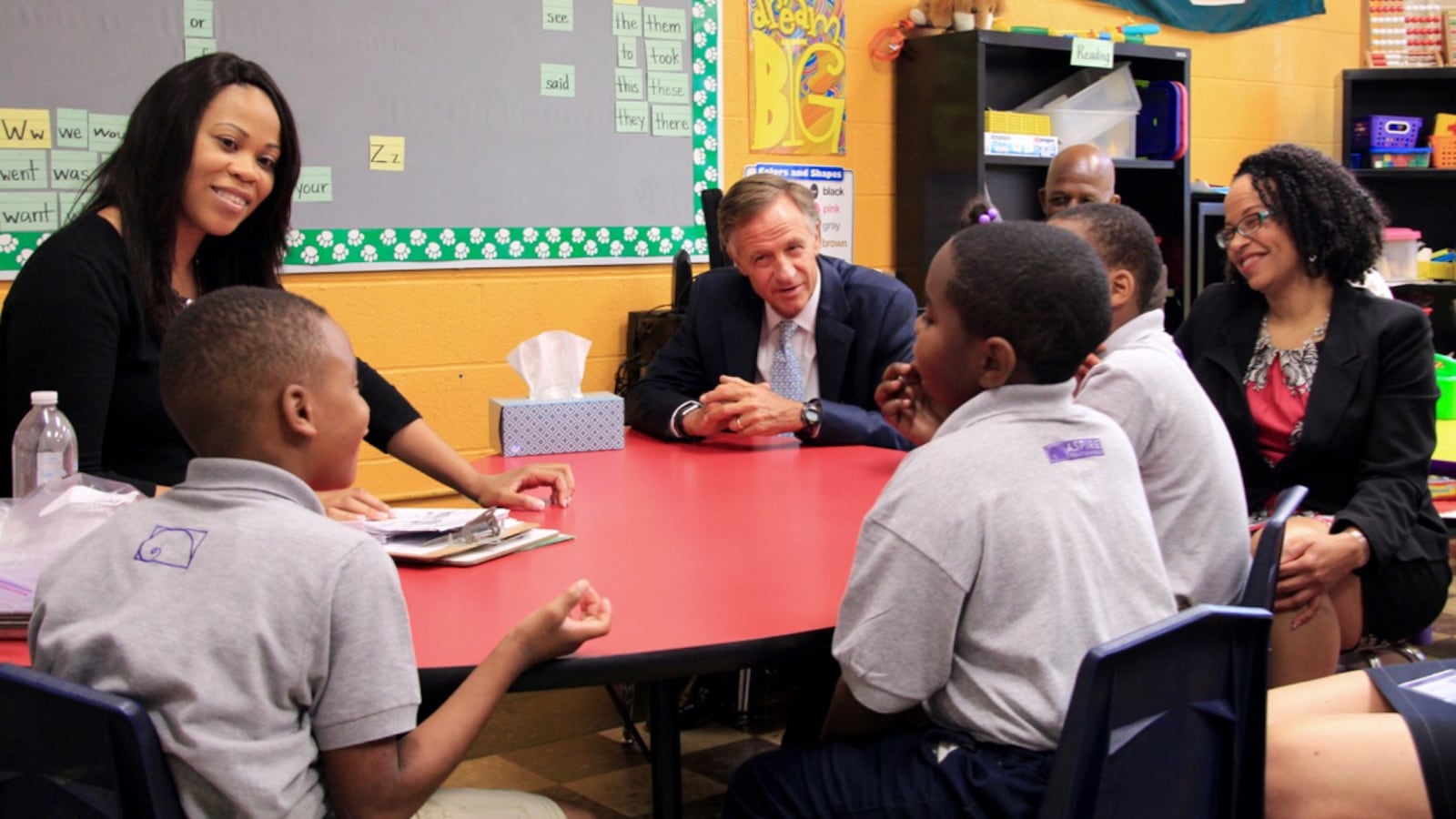 Gov. Bill Haslam visits the Memphis classroom of teacher Jessica Lindsay (left) at Aspire Coleman Elementary School. He was accompanied by Superintendent Malika Anderson of the Achievement School District, which oversees the charter school.