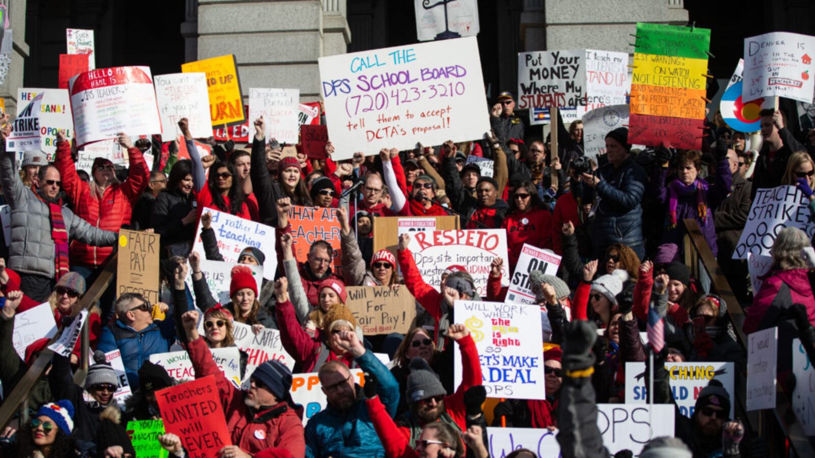 Teachers rally at the Colorado State Capitol on the first day of the Denver teacher strike.