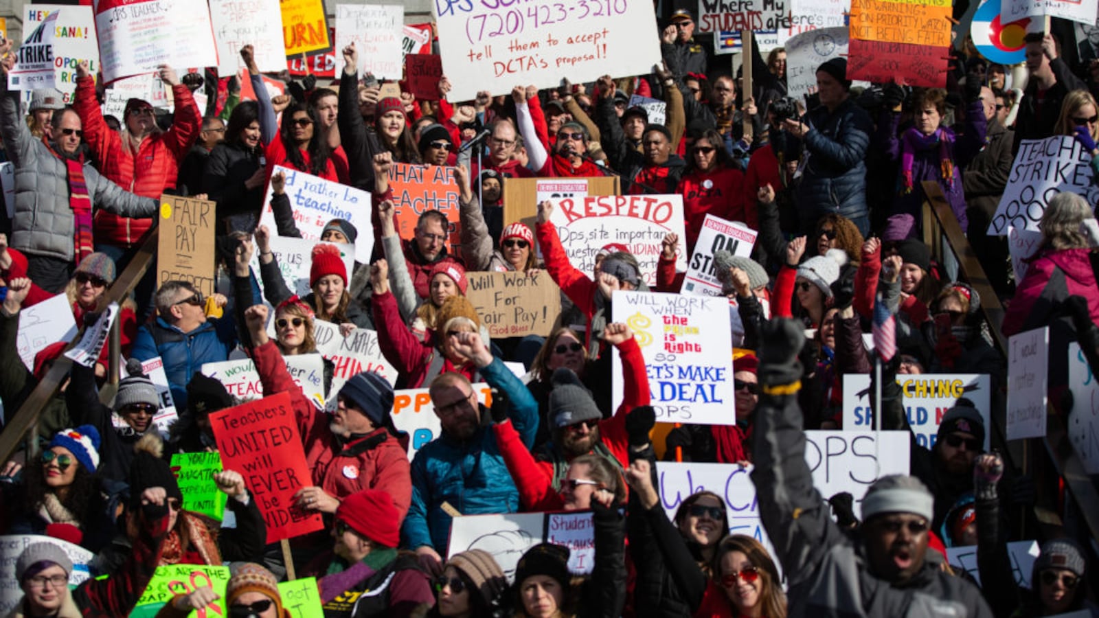 Teachers rally at the Colorado State Capitol on the first day of the Denver teacher strike.
