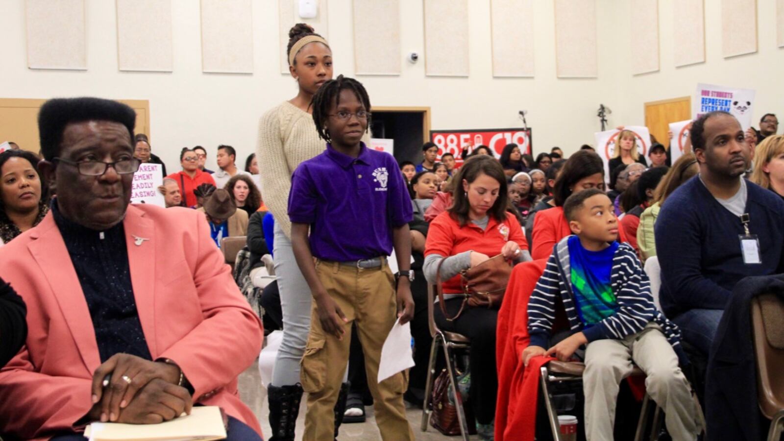 Dunbar Elementary School student Khamaria McElroy stands in line to speak to Shelby County's school board about why her school should stay open.