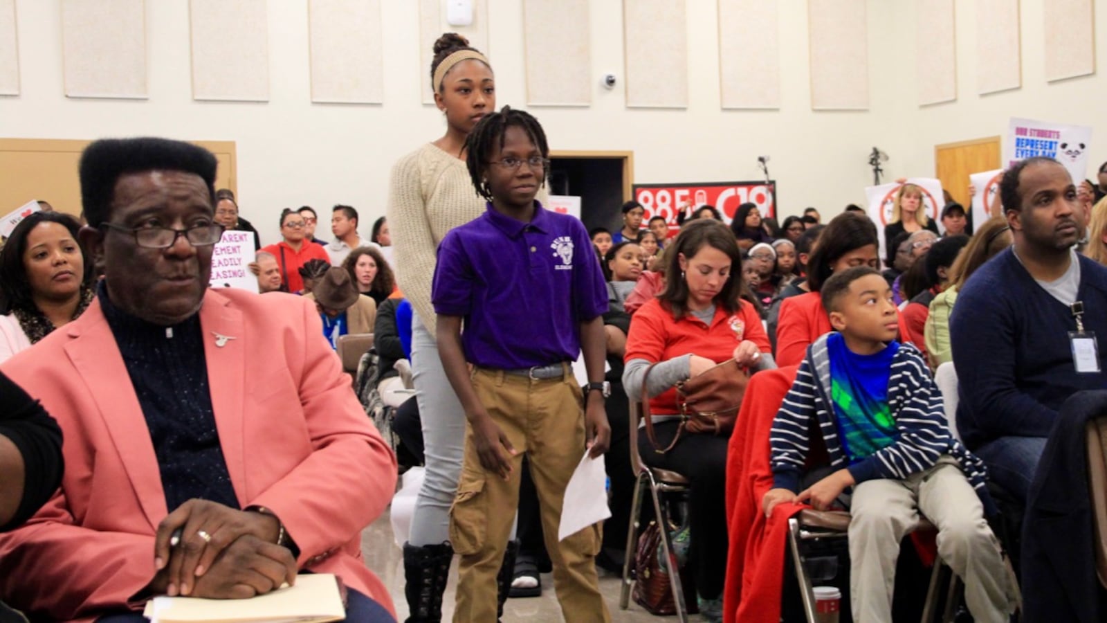 Dunbar Elementary School student Khamaria McElroy stands in line to speak to Shelby County's school board about why her school should stay open.