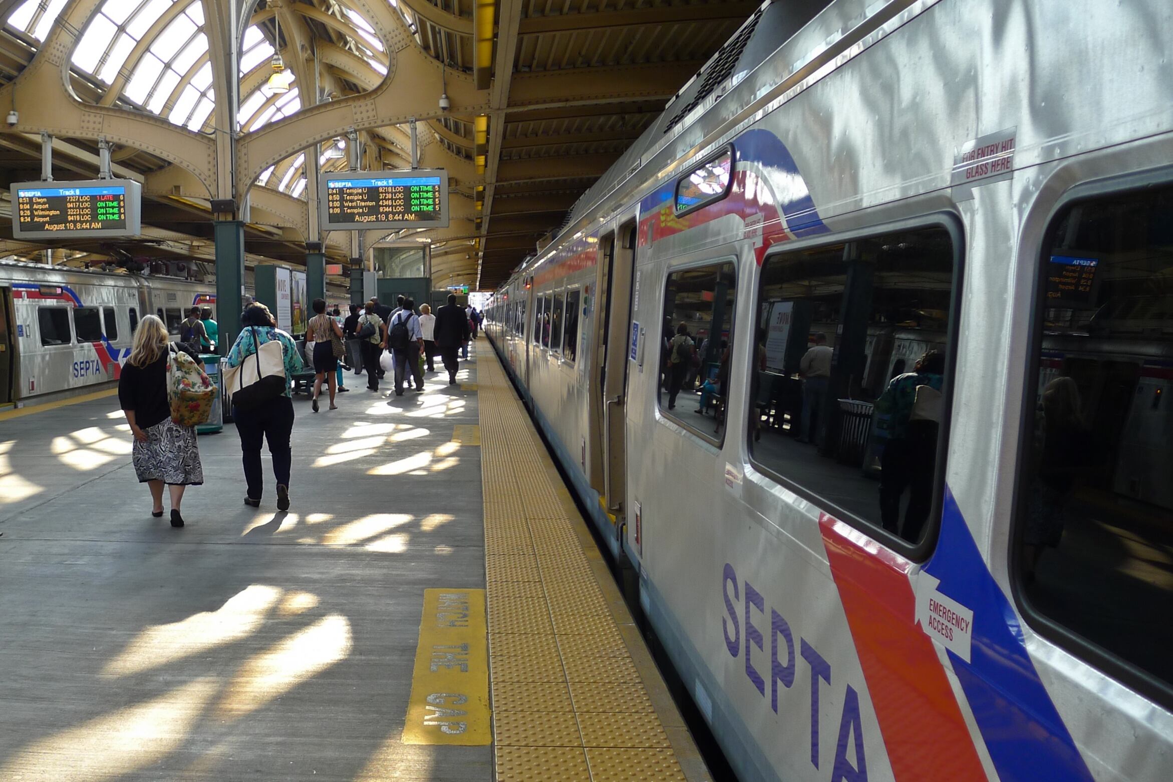 Passengers boarding a SEPTA train in Philadelphia.