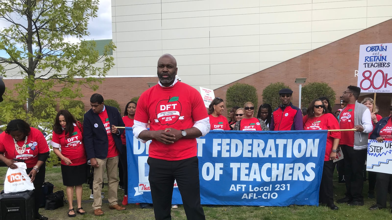 Terrence Martin, president of the Detroit Federation of Teachers, speaks during a demonstration outside Renaissance High School