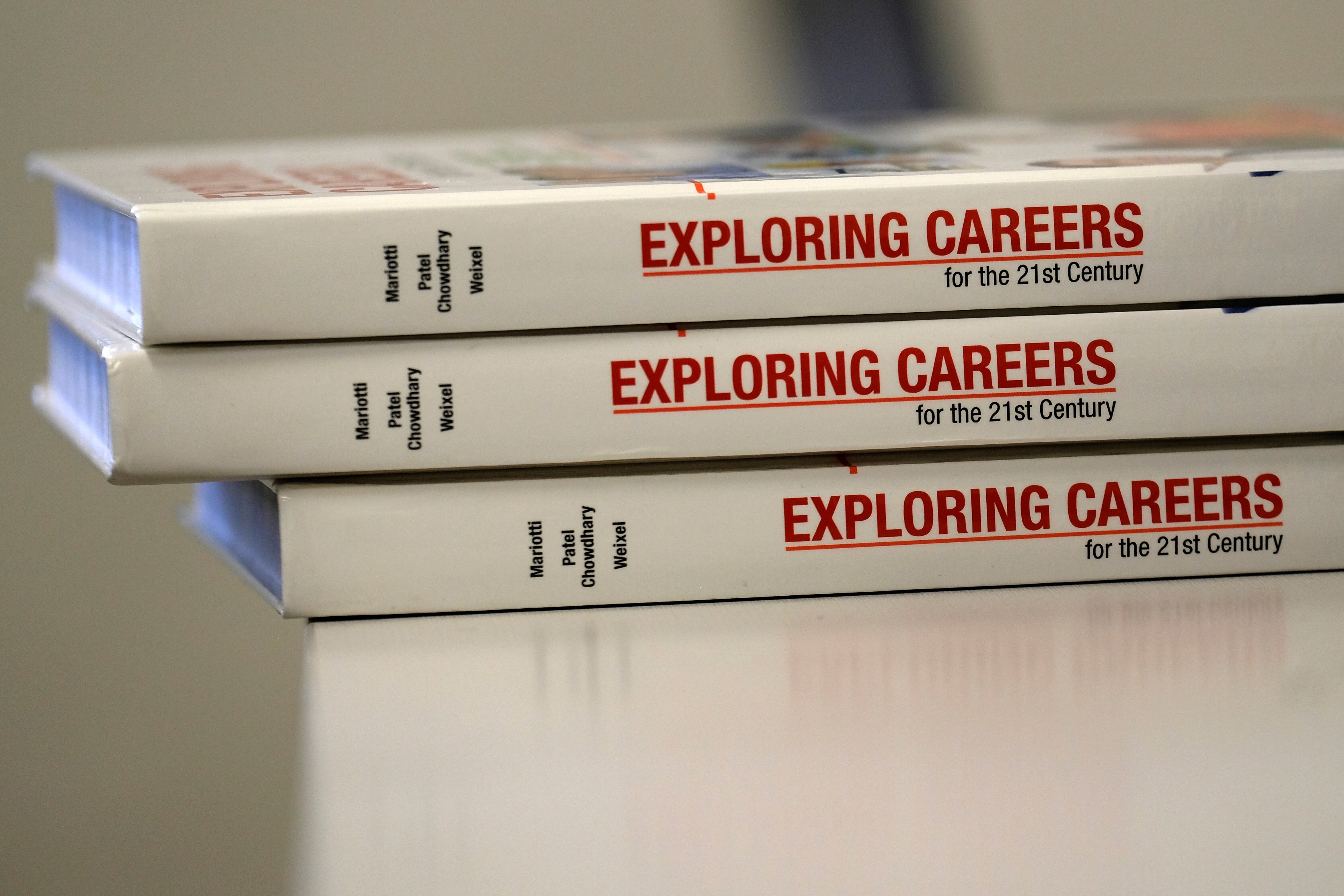 “Exploring Careers” books on a desk at Crispus Attucks High School, a public school in Indianapolis, Indiana. — April 2019 — Photo by Alan Petersime/Chalkbeat