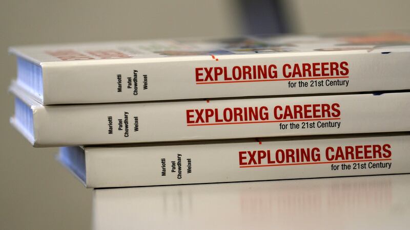 “Exploring Careers” books on a desk at Crispus Attucks High School, a public school in Indianapolis, Indiana. — April 2019 — Photo by Alan Petersime/Chalkbeat