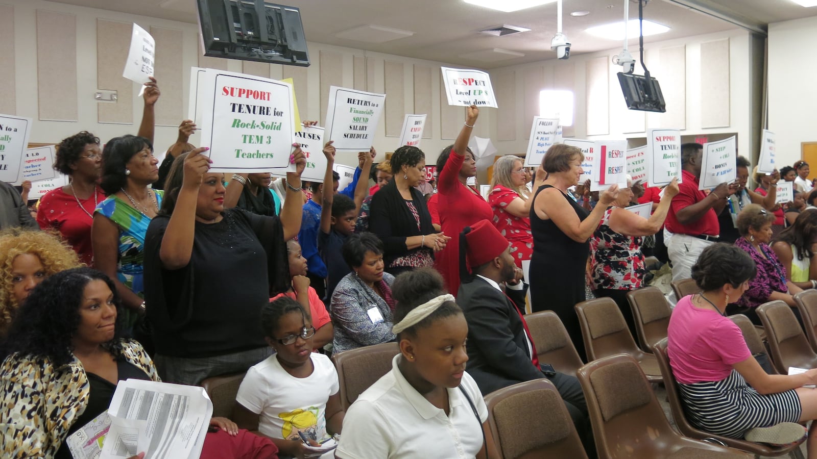 Several Shelby County School teachers attended the board meeting Tuesday  evening to protest pay, displaced tenured teachers and the revised teacher evaluation model.  (August 26, 2014)
