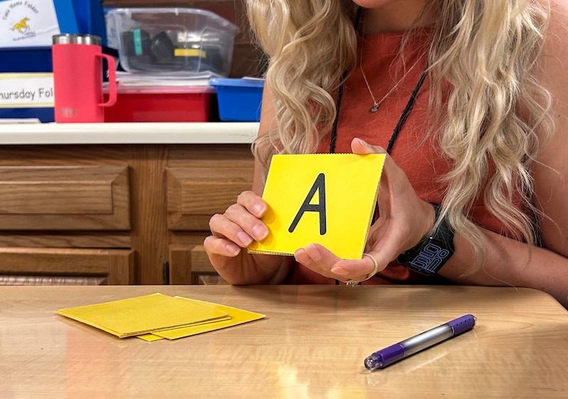 A photograph of a dry erase board and a poster with words and drawings in a classroom.