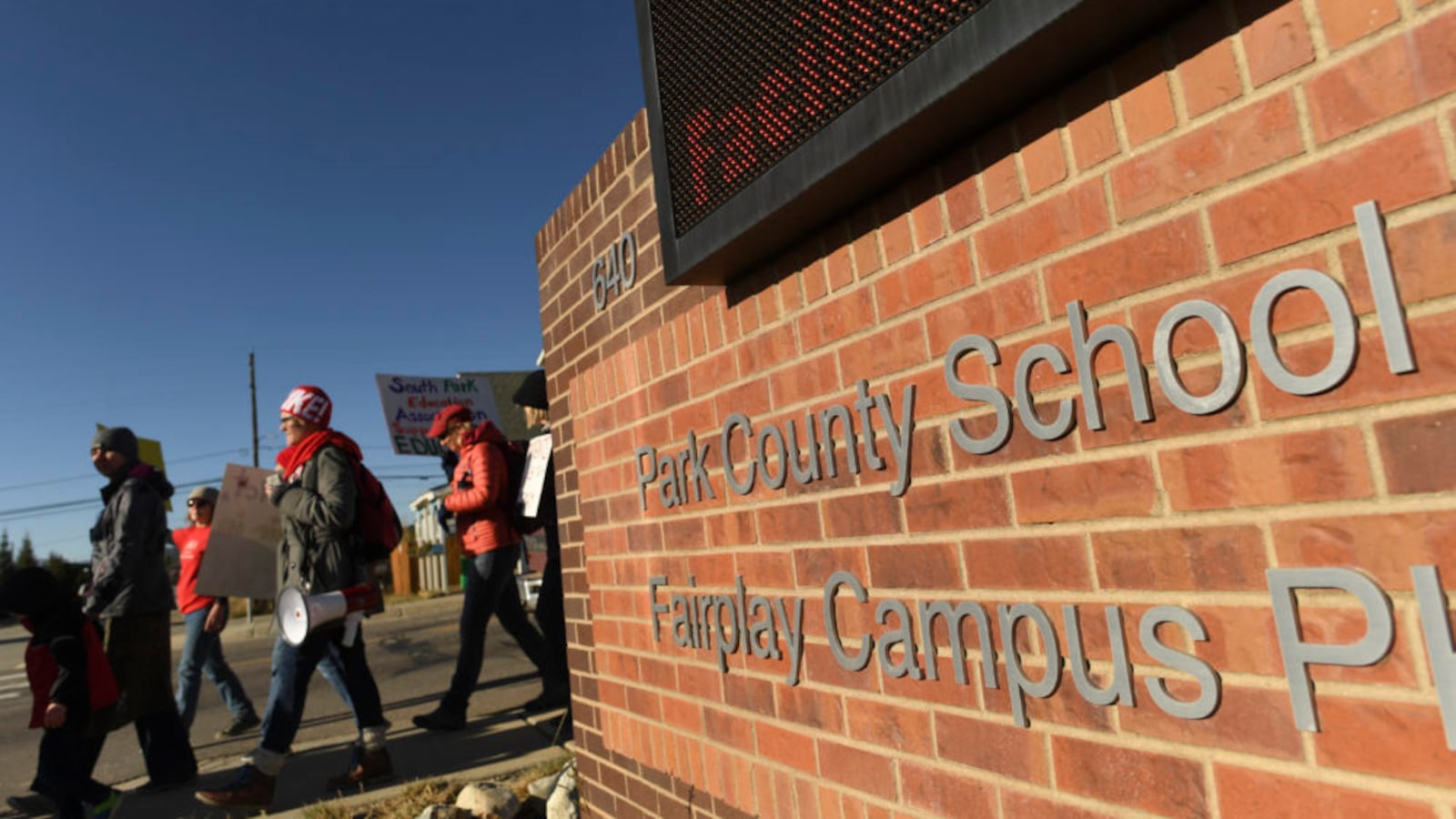 Park County School District teachers strike on Oct. 14, 2019, in Fairplay, Colorado.