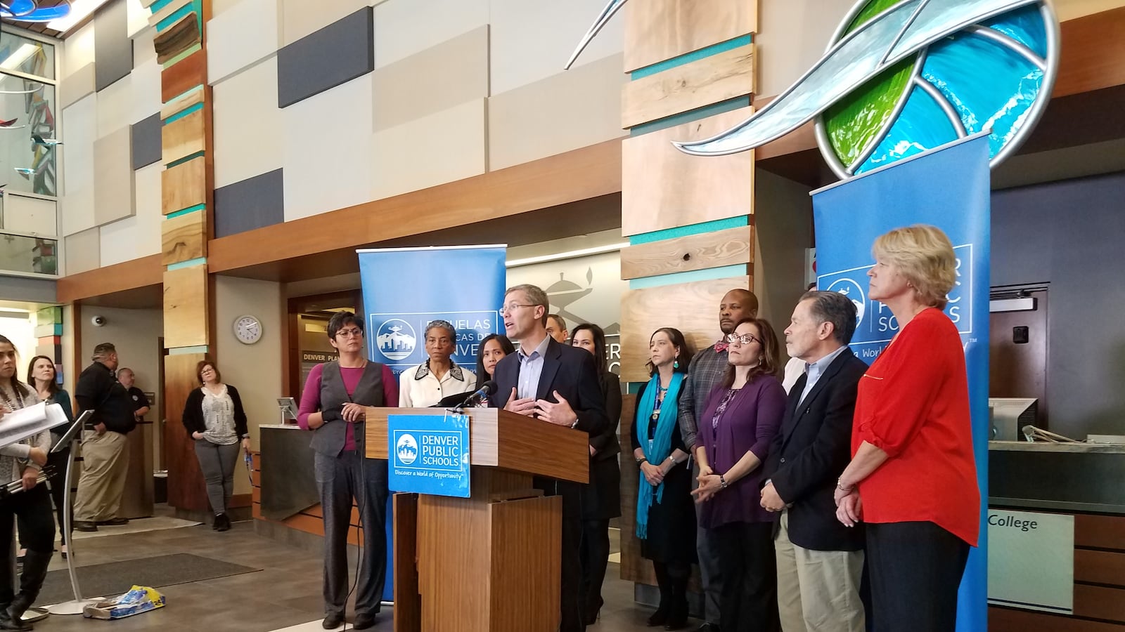 DPS Superintendent Tom Boasberg, school board members and others at Thursday's news conference (Eric Gorski, Chalkbeat).