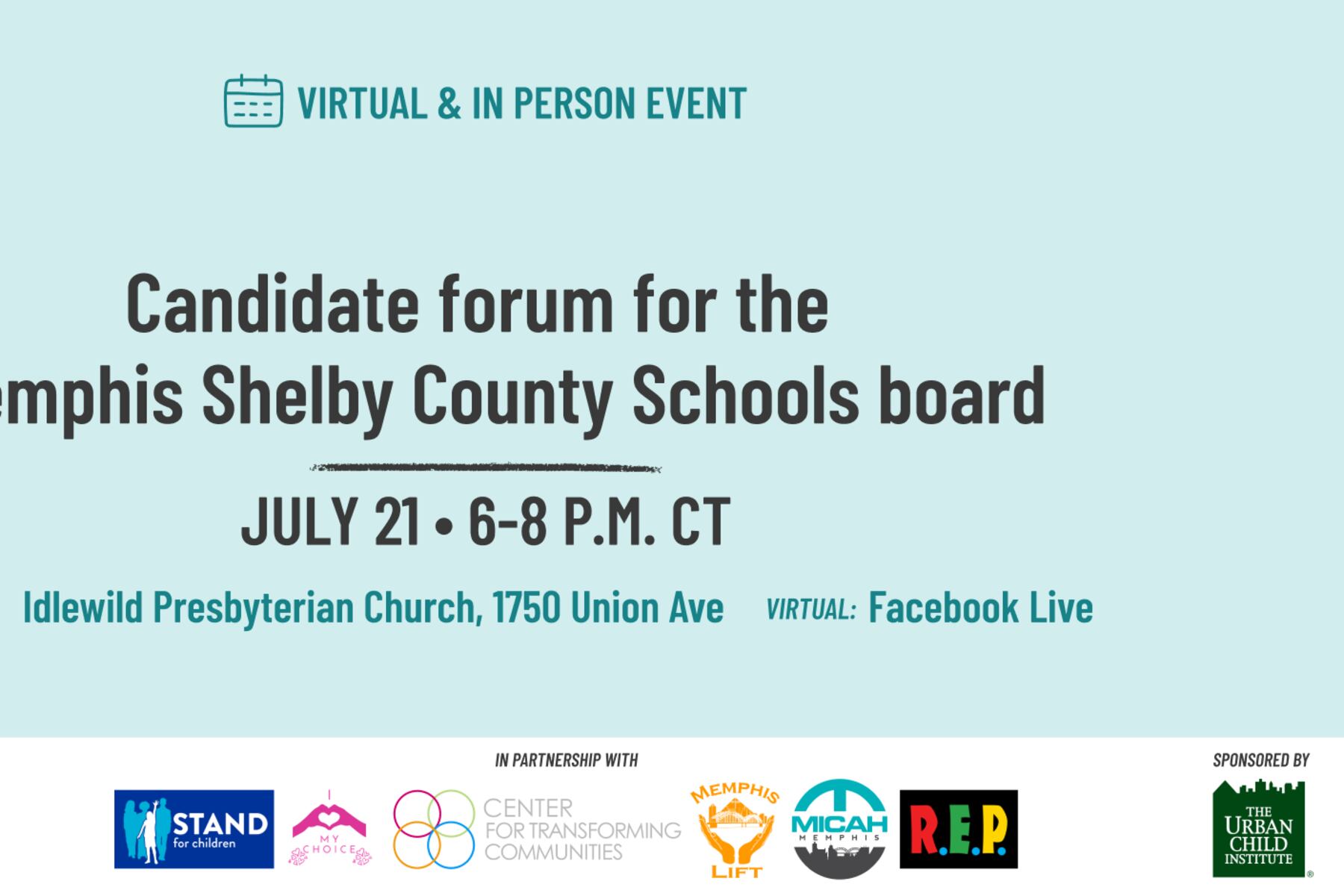 Promotional image of event with title “Forum: Who is running for the Memphis Shelby County Schools board?” against a blue backdrop.