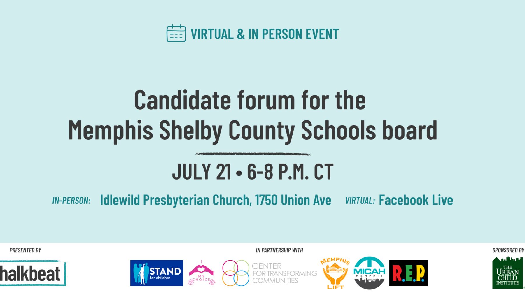 Promotional image of event with title “Forum: Who is running for the Memphis Shelby County Schools board?” against a blue backdrop.