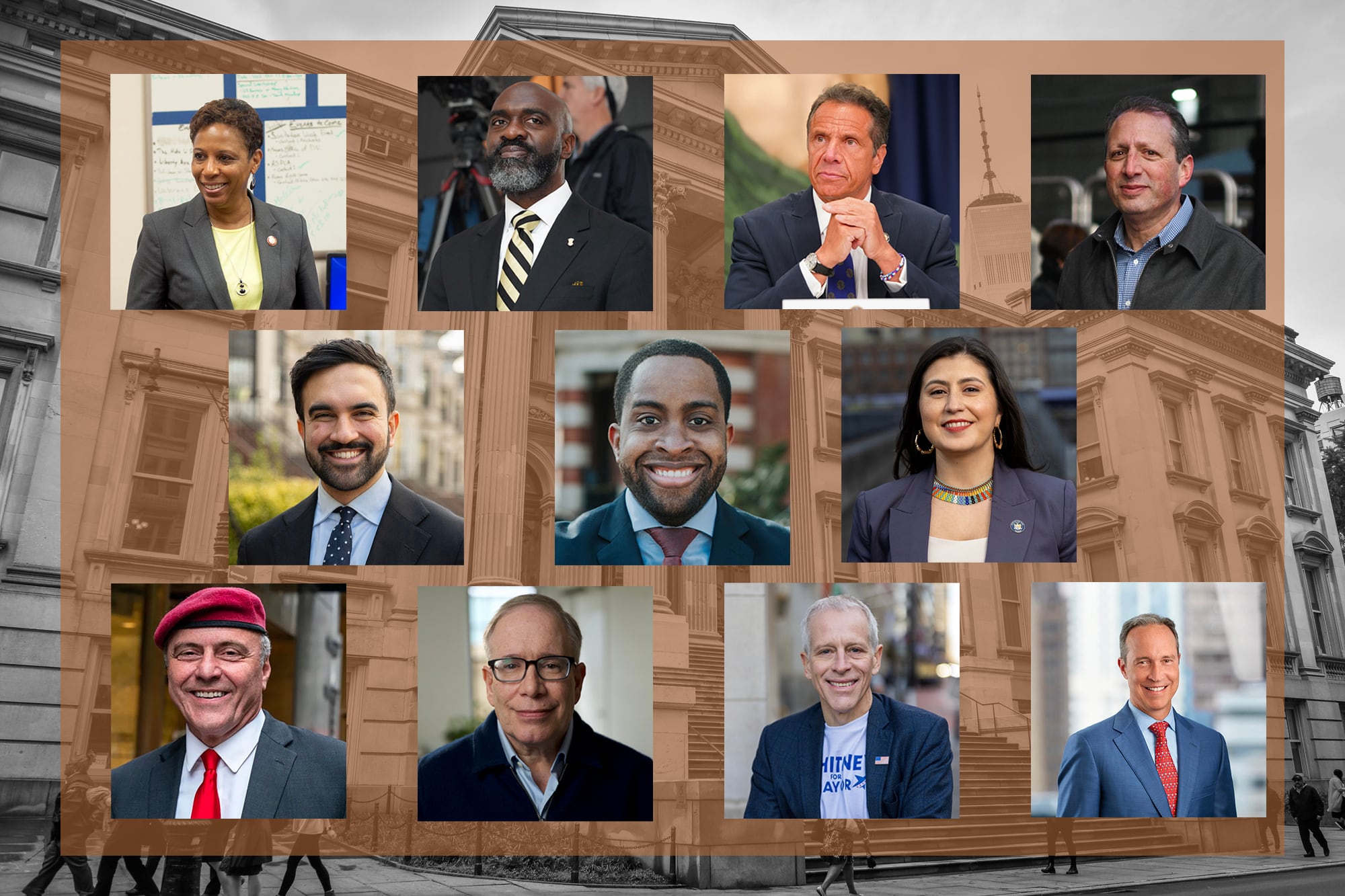 11 portraits on an orange background with a black and white image of a large stone building.