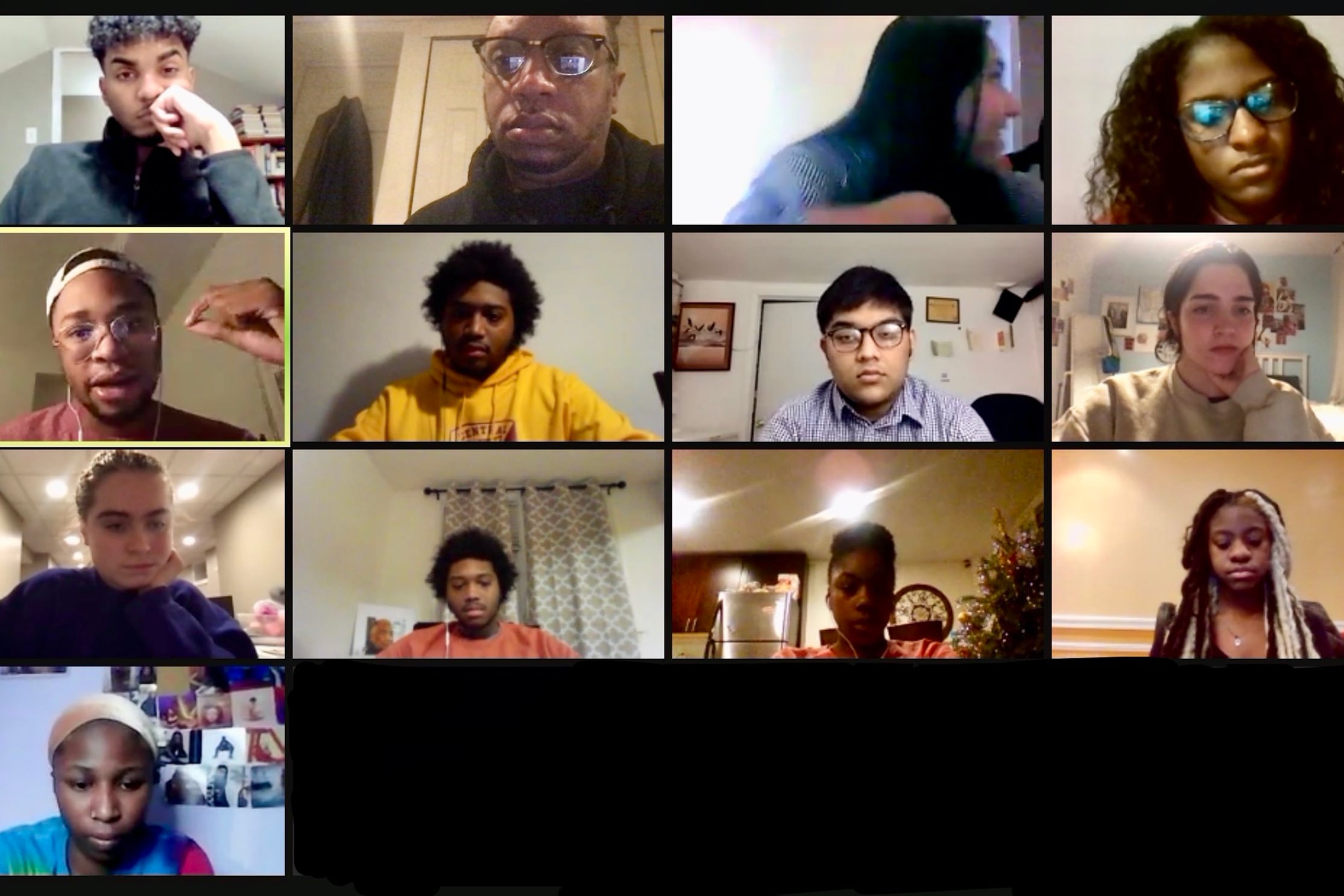 Screenshot of a Zoom meeting with Philadelphia student leaders and Johann Calhoun, Bureau Chief of Chalkbeat Philadelphia.