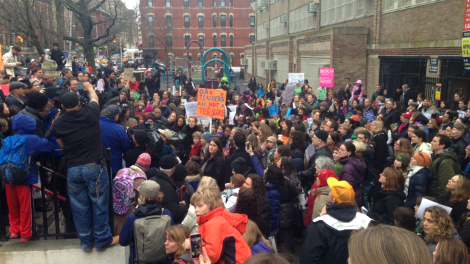 A protest in 2014 at P.S. 321 in Park Slope against the state English exams.