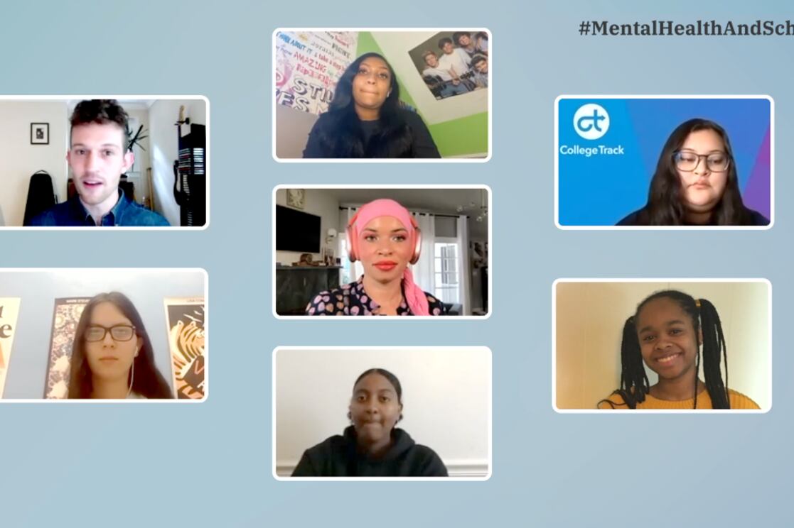 Seven faces on in individual boxes on a plain background. In the upper left, a logo that says COVID mental health. In the upper right, the Chalkbeat and College Track logos.