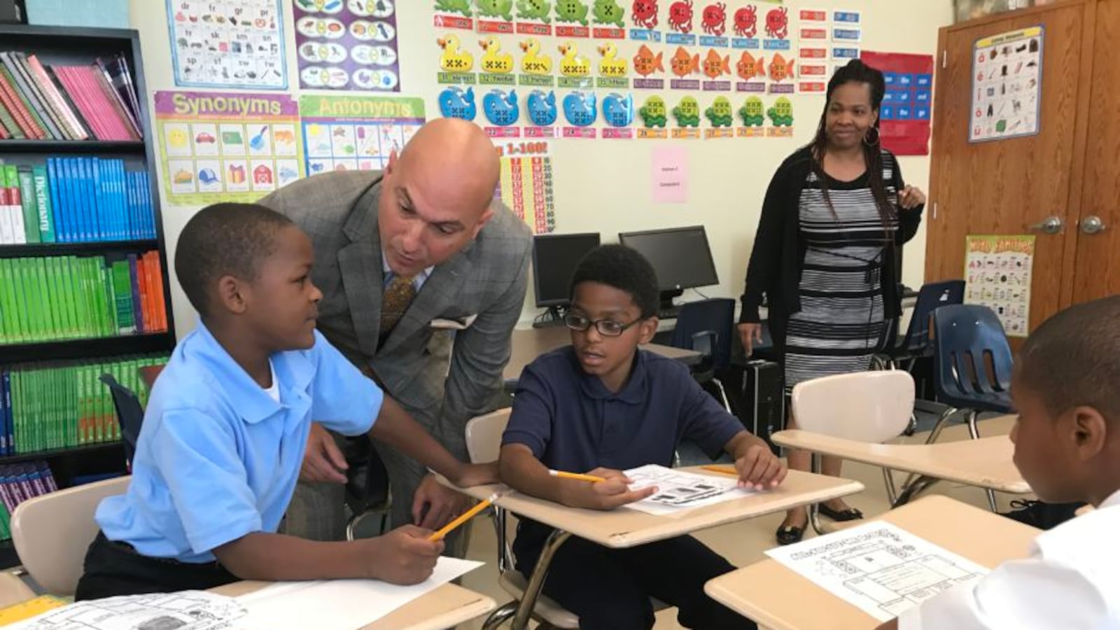 Detroit Superintendent Nikolai Vitti meets with students at Detroit’s Durfee Elementary-Middle School on the first day of school in September, 2017