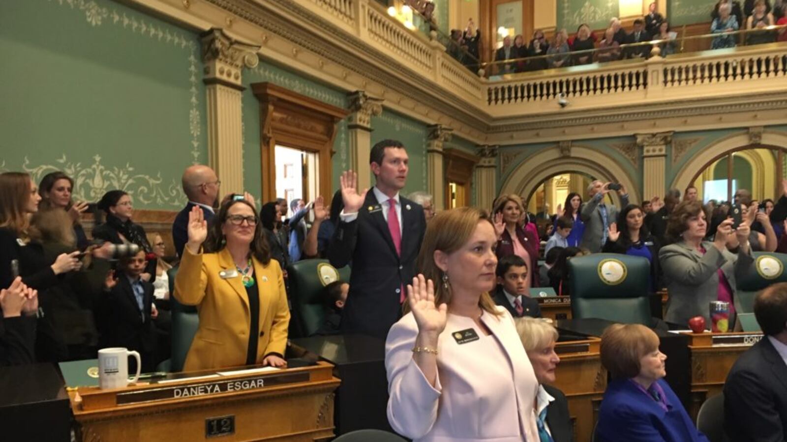 Speaker of the House K.C. Becker is sworn in on the first day of the 2019 Colorado legislative session.