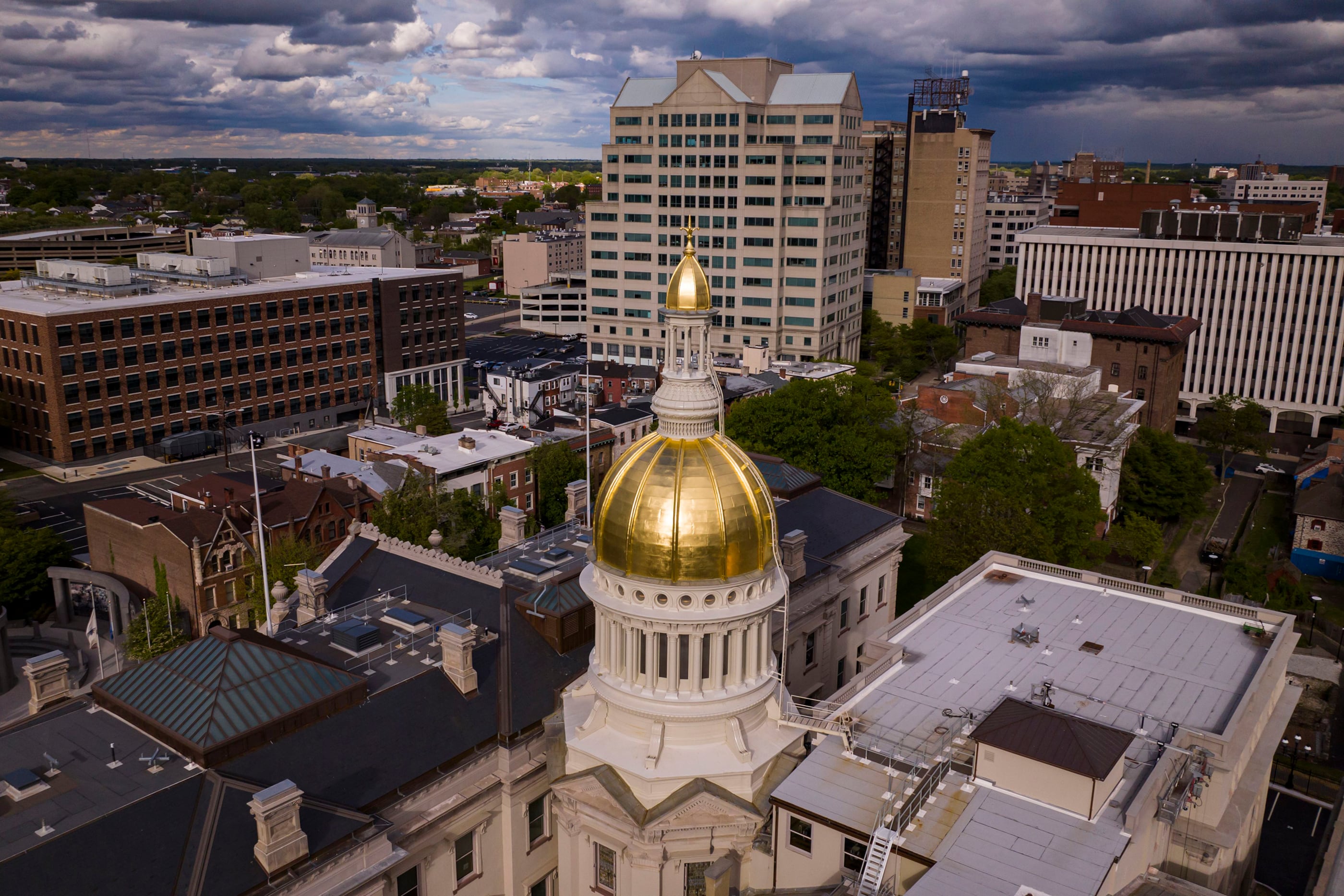 An aerial photograph of Trenton New Jersey Skyline featuring state capitol dome of New Jersey.